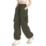 Calças Cargo Sangtree Para Crianças E Meninas, Cintura Alta Elástica, Verde Militar