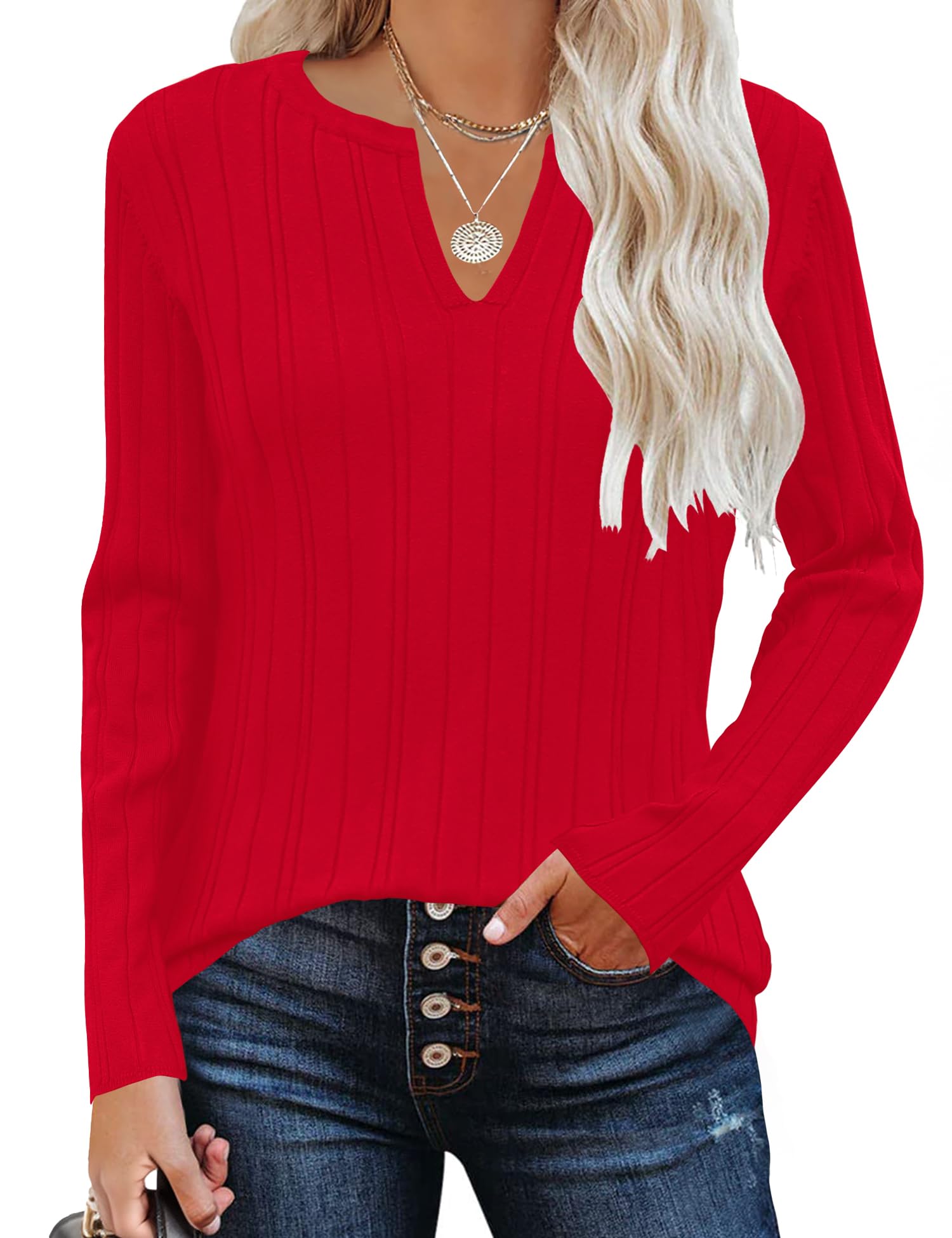 Suéter Rapbin Com Decote Em V E Manga Comprida Em Malha Canelada Para Mulheres