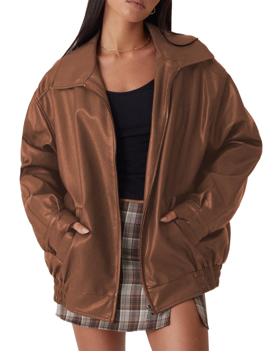 Jaqueta Feminina Fsvaby De Couro Sintético De Tamanho Grande, Marrom Claro