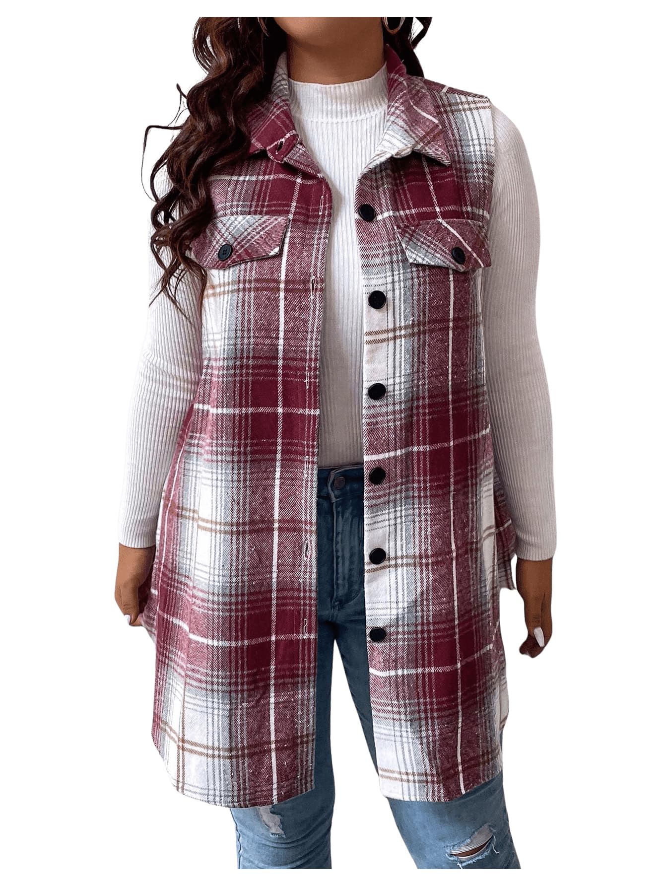 Outwear, Colete, Jaqueta Xadrez De Tweed, Camisa Feminina Com Botões