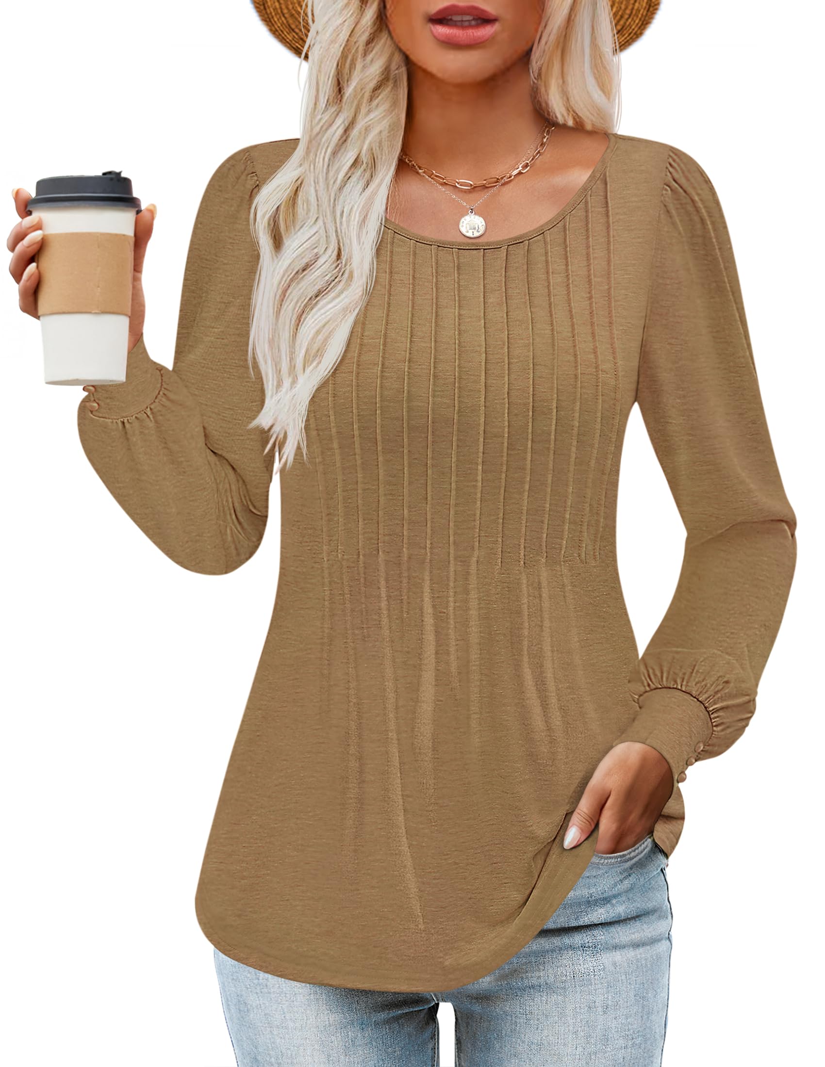 Camisa Zesica De Manga Comprida Para Mulheres, Outono, Gola Redonda, Marrom