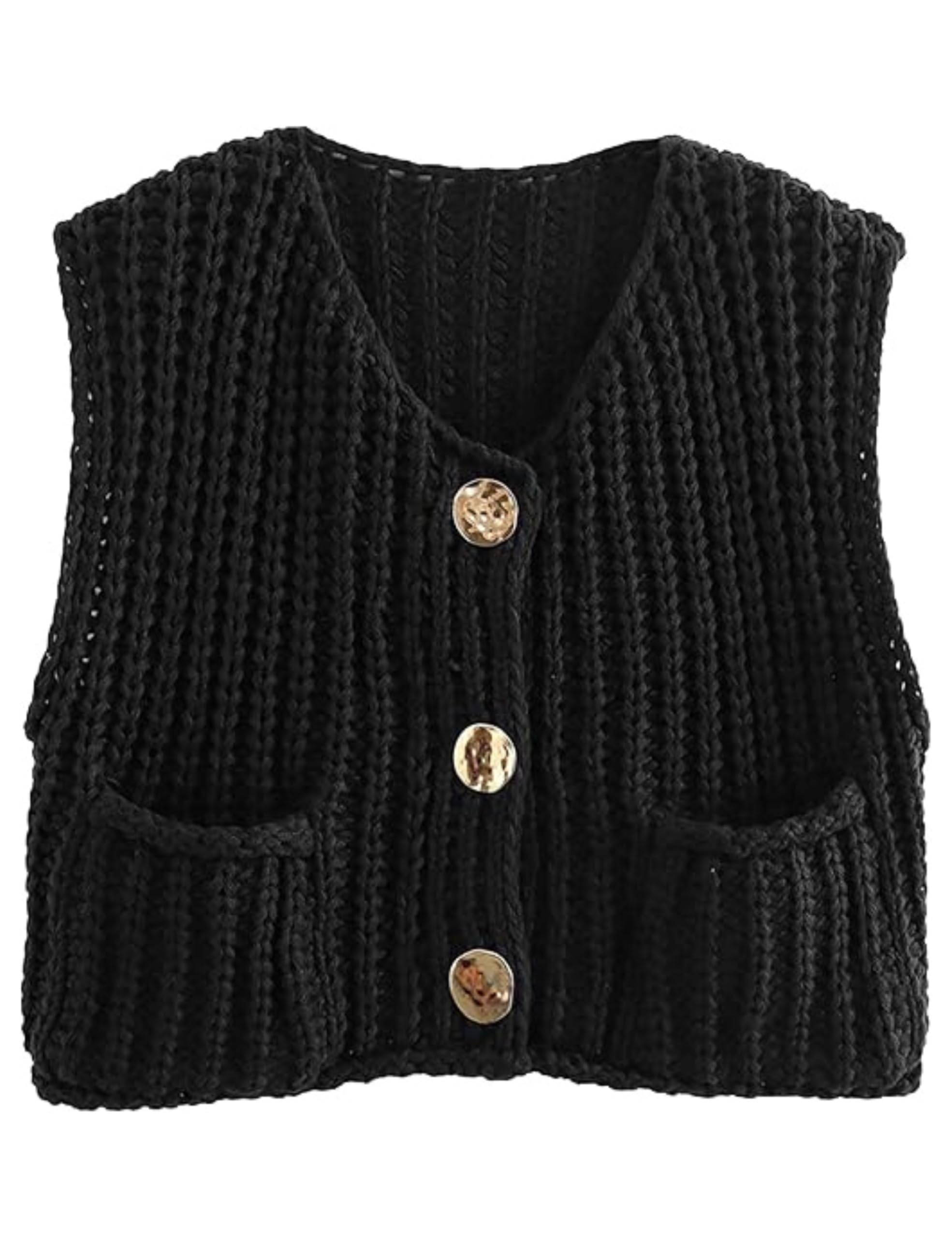 Colete Aicharmwa Chunky Knit Button Down, Suéter De Crochê Preto