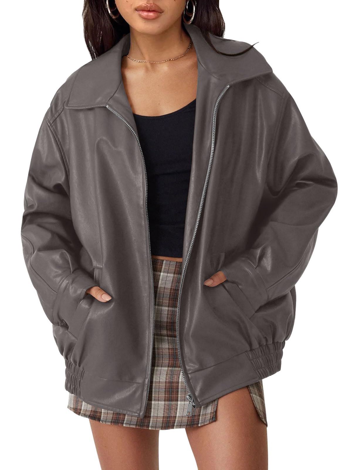 Jaqueta De Couro Automet Oversized Faux Suede Para Mulheres Cinza