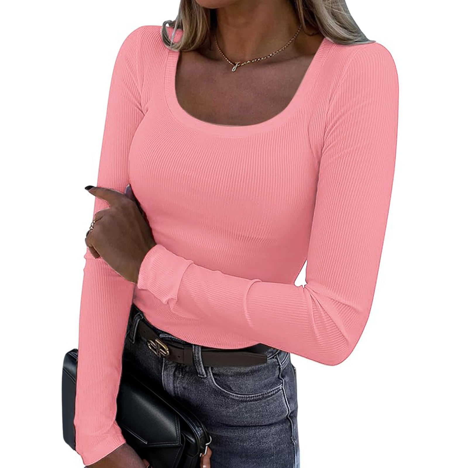 Camisa Feminina De Manga Comprida Ya Belt Em Malha Canelada Ajustada Rosa M