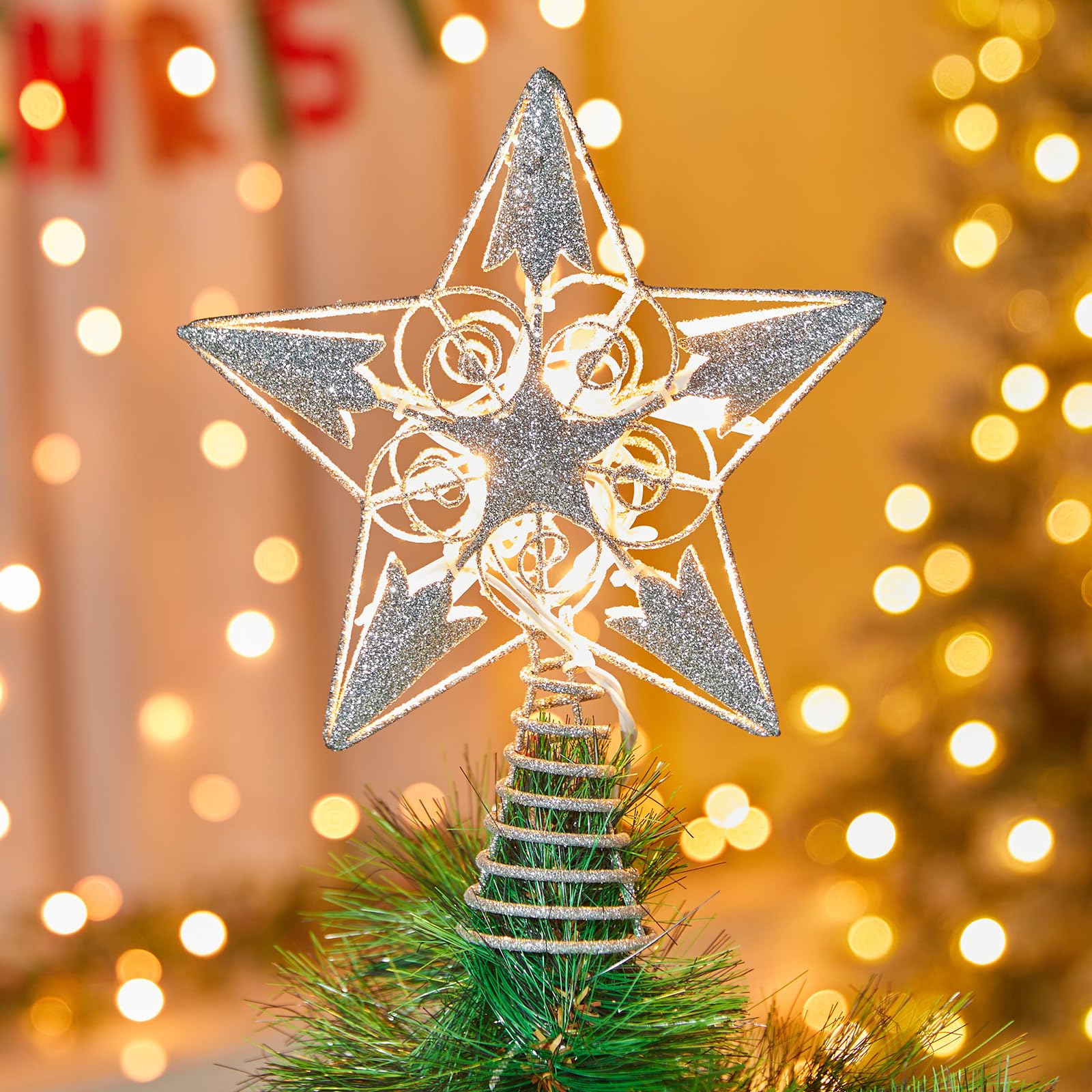 Christmas Star Tree Topper Brightown 3d Silver Com Luzes