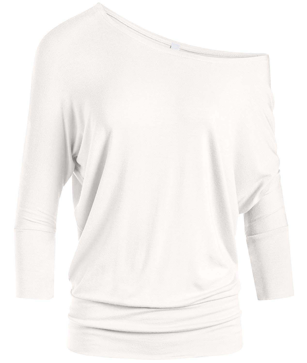 Top Simlu Dolman, Manga 3/4, Drapeado, Gola Redonda, Rayon Marfim