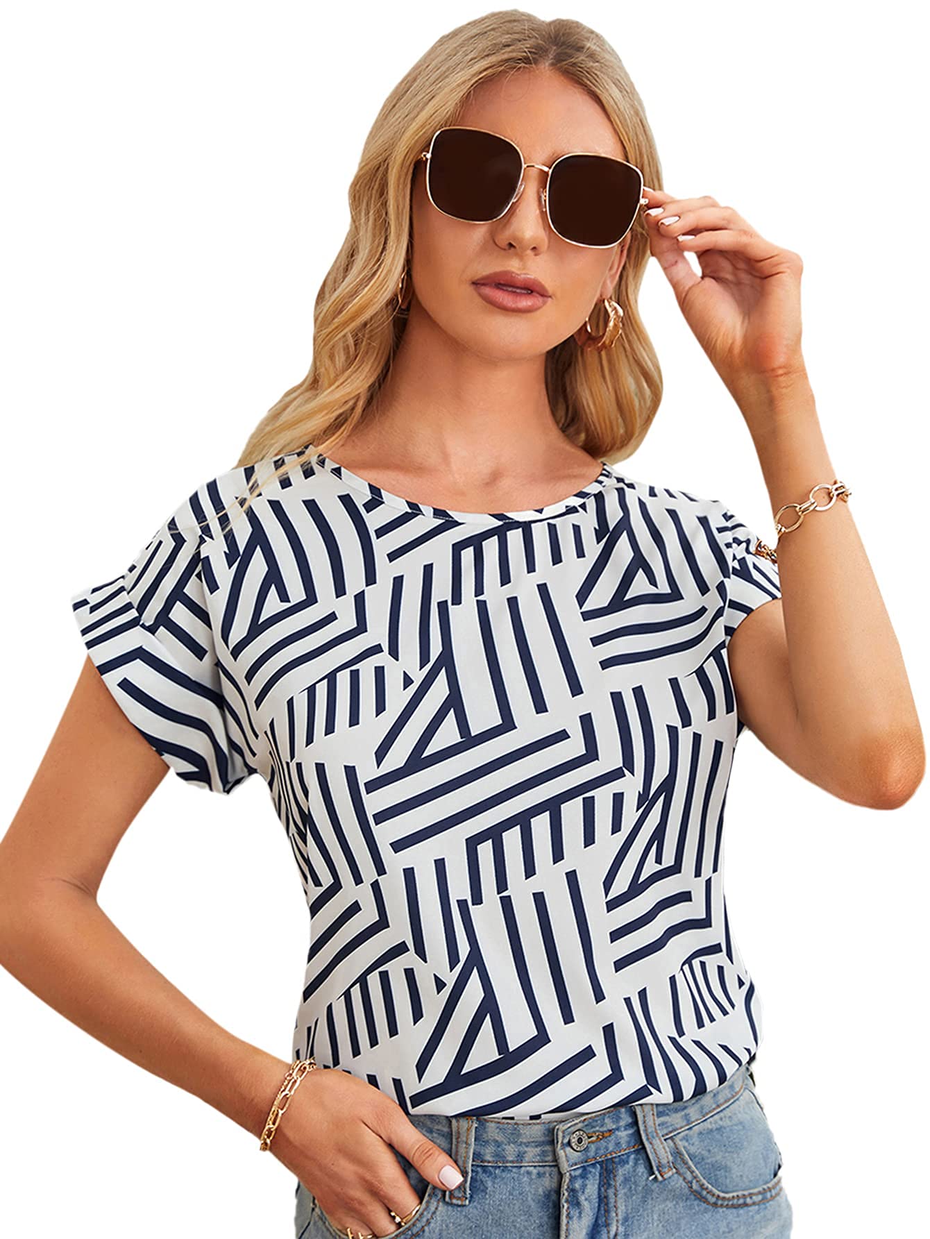 Blusa Floerns Feminina De Manga Curta Azul E Branca