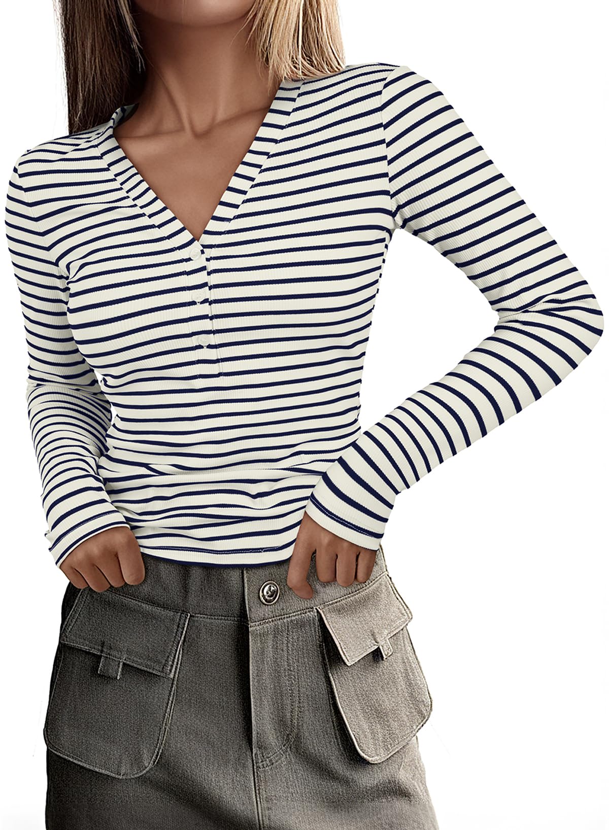 Top Feminino Acelitt Listrado Azul E Branco Com Decote Em V Gel