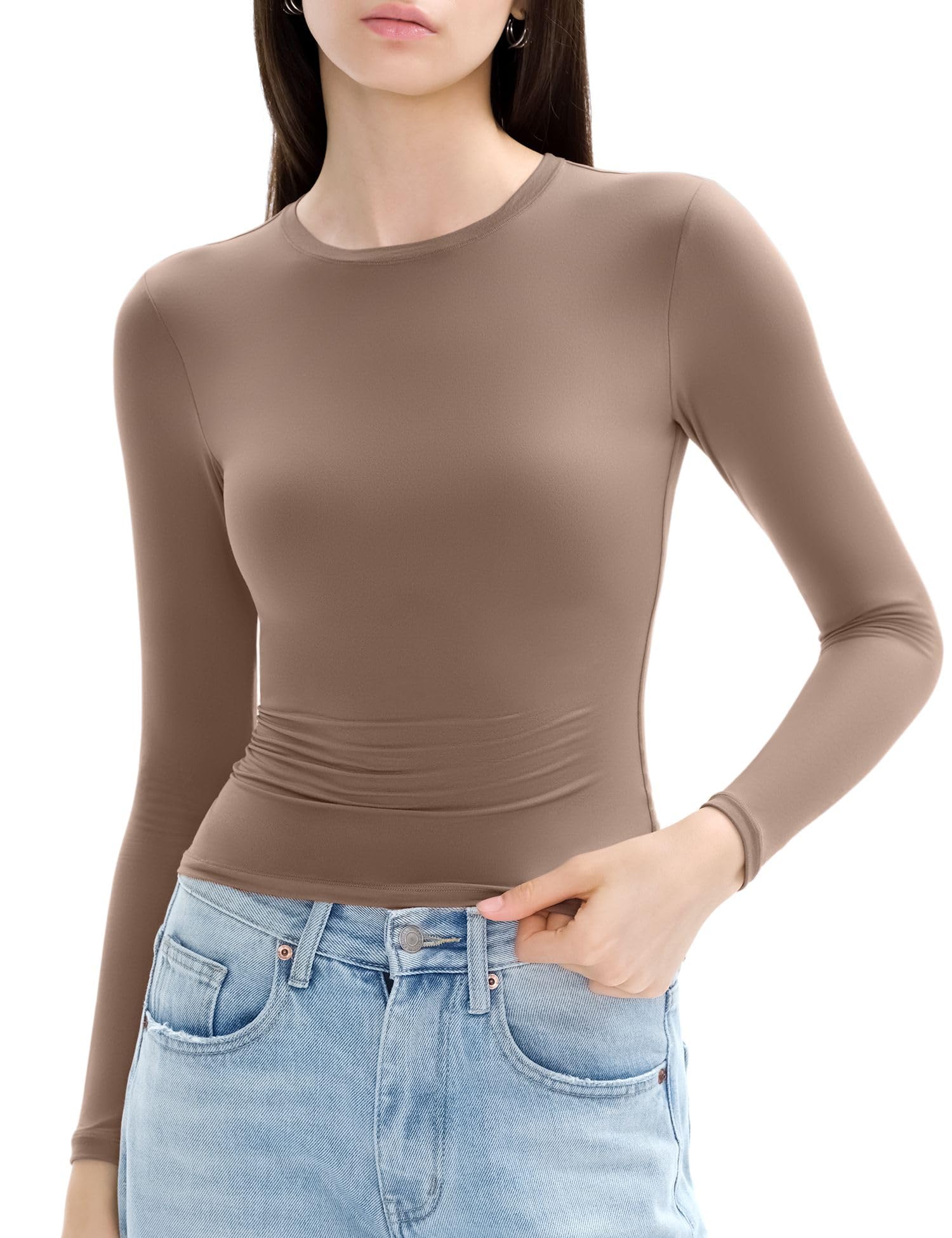 Camisa De Manga Comprida C202 Para Mulheres Com Gola Redonda, Trufa, Tamanho L