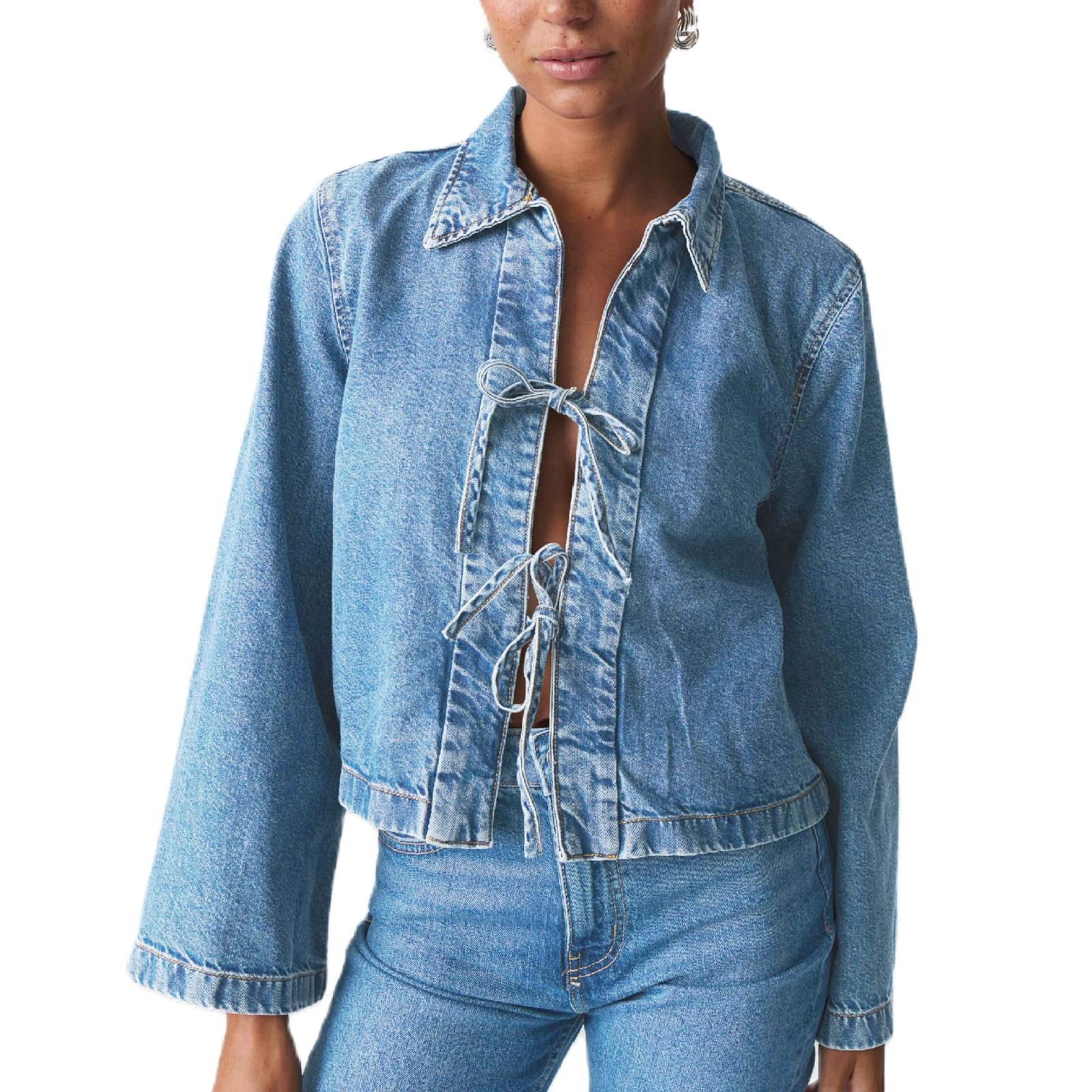 Jaqueta Jeans Cortada Louvasabuce Feminina Com Gravata Frontal De Manga Comprida