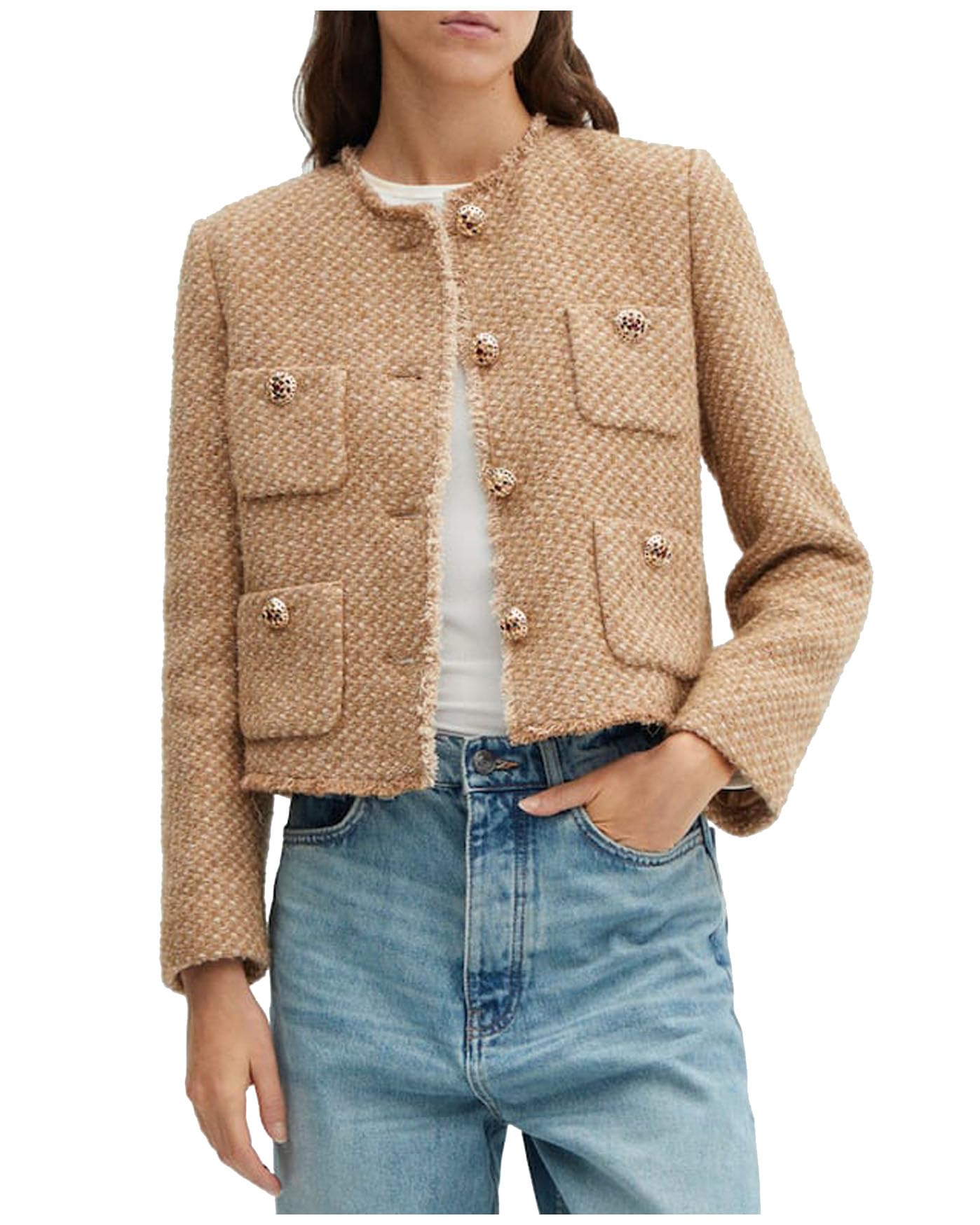 Blazer Yexpine Cropped Tweed Para Mulheres, Marrom