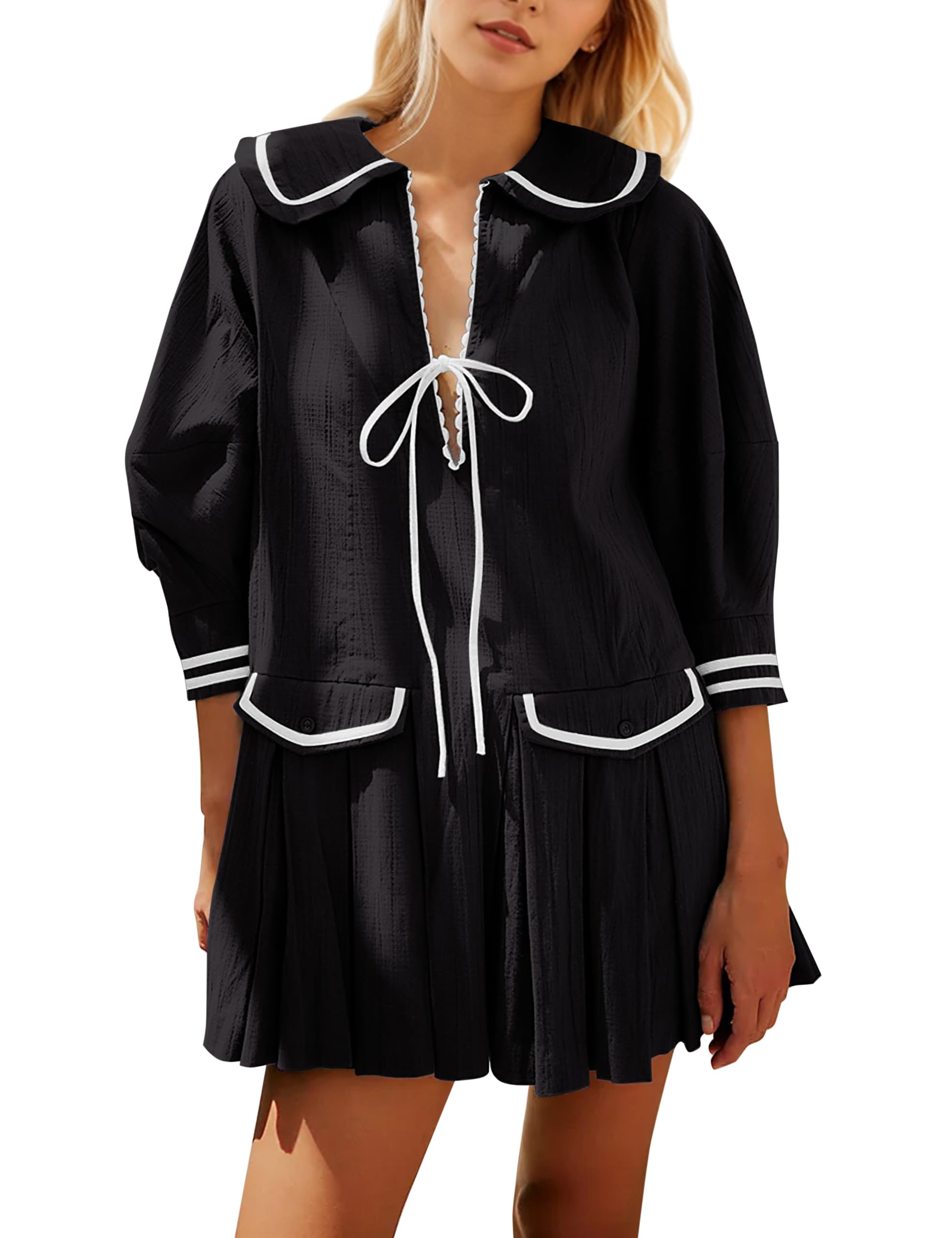 Mini Vestido Feminino Icobid, Fofo, Com Gravata Borboleta Aberta Na Frente, Preto