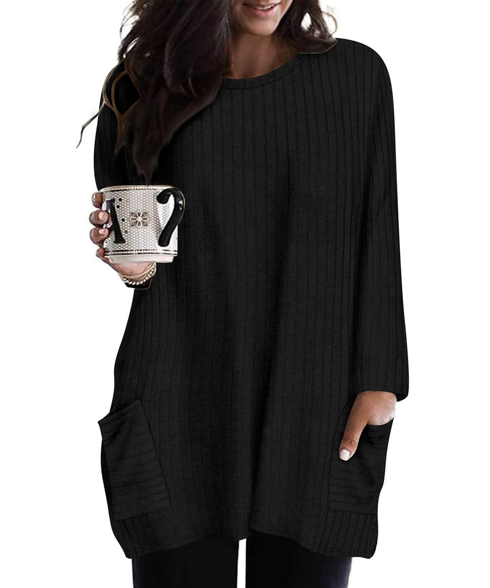 Túnica Canelada De Manga Comprida Top Ritera Plus Size Preta 2gg