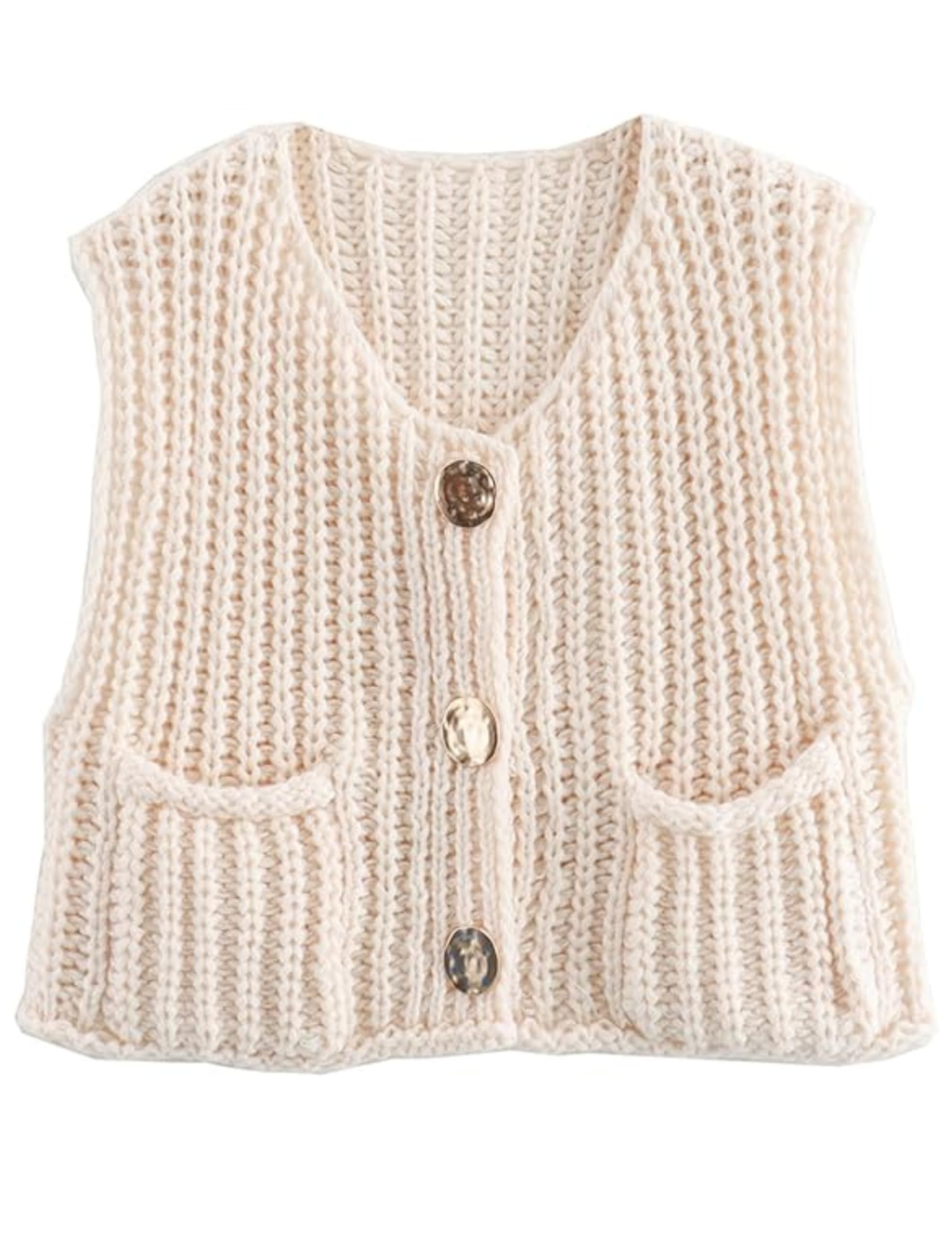 Colete Aicharmwa Chunky Knit Crochet Sweater, Branco Com Botões