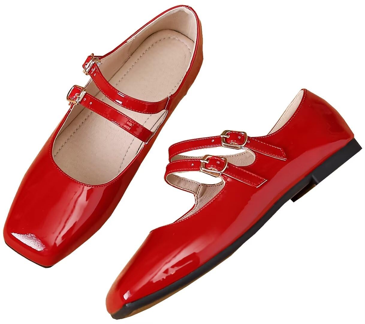 Biqueira Quadrada Vermelha Retrô Feminina Mary Jane Flats Stunner