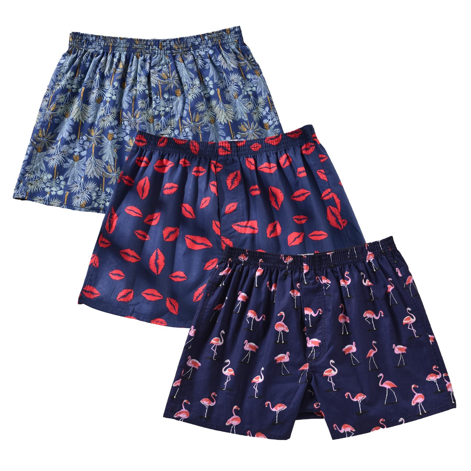 Shorts Boxer Cinvik Funny Kiss Print 100% Algodão Para Homens, Pacote Com 3