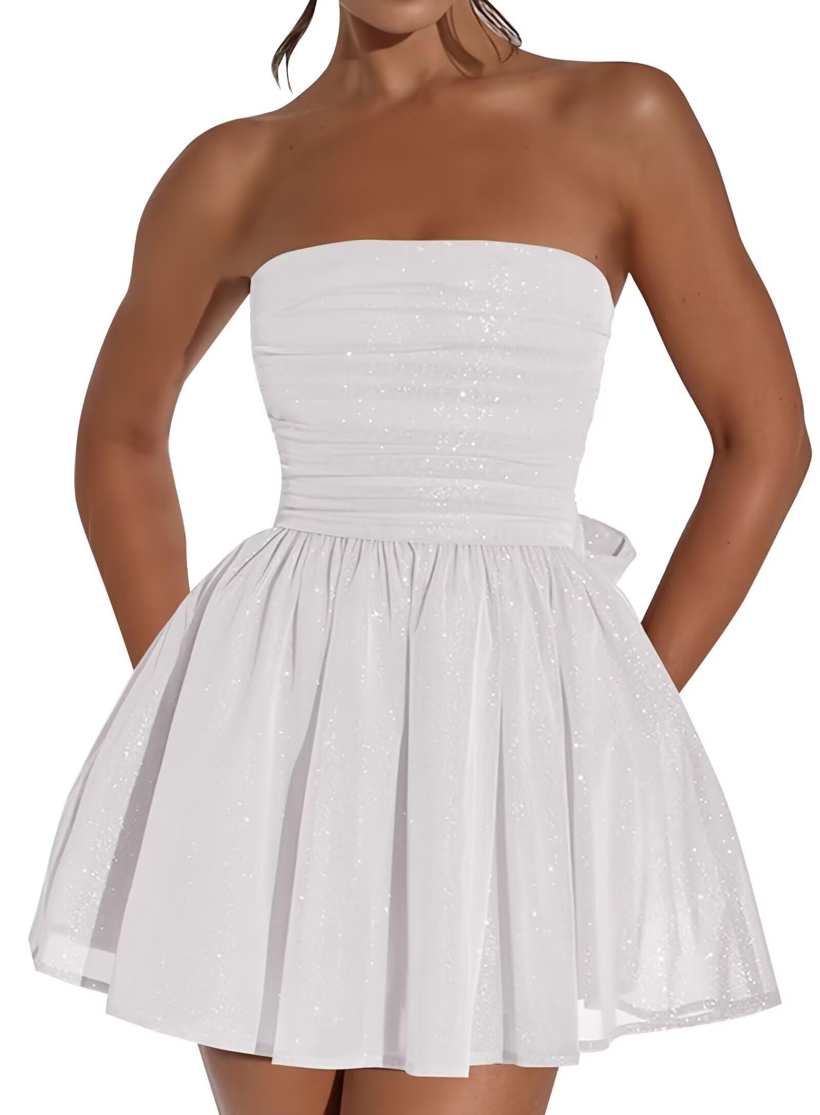 Vestido De Boas-vindas Blawhee Glitter Tule Branco Sem Alças