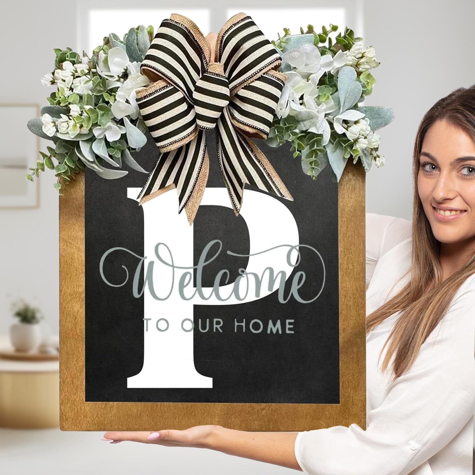 Sobrenome Da Placa De Boas-vindas Para Porta Frontal Com Guirlanda De Eucalipto