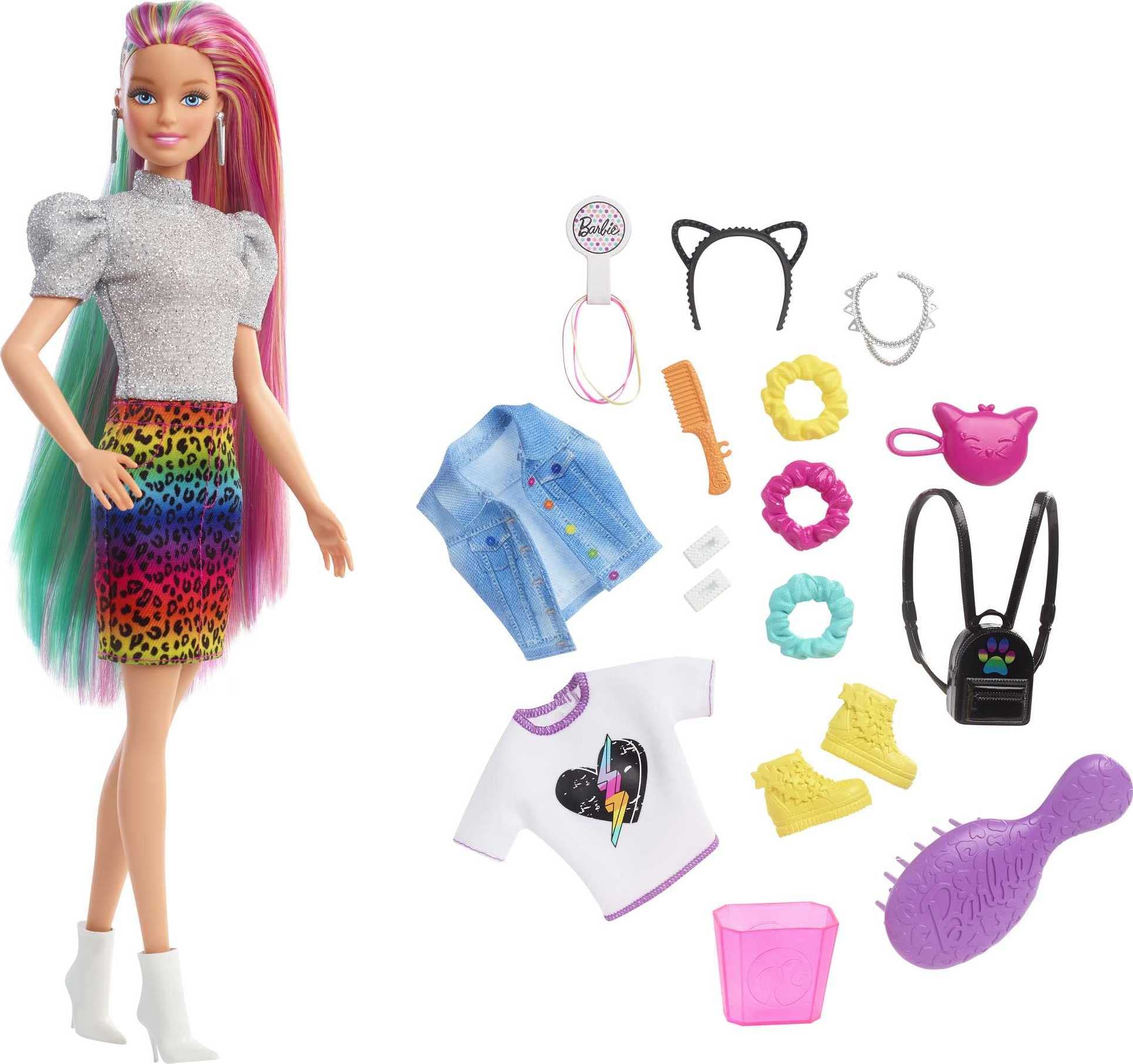 Barbie Doll Leopard Rainbow Hair Com Destaques Que Mudam De Cor