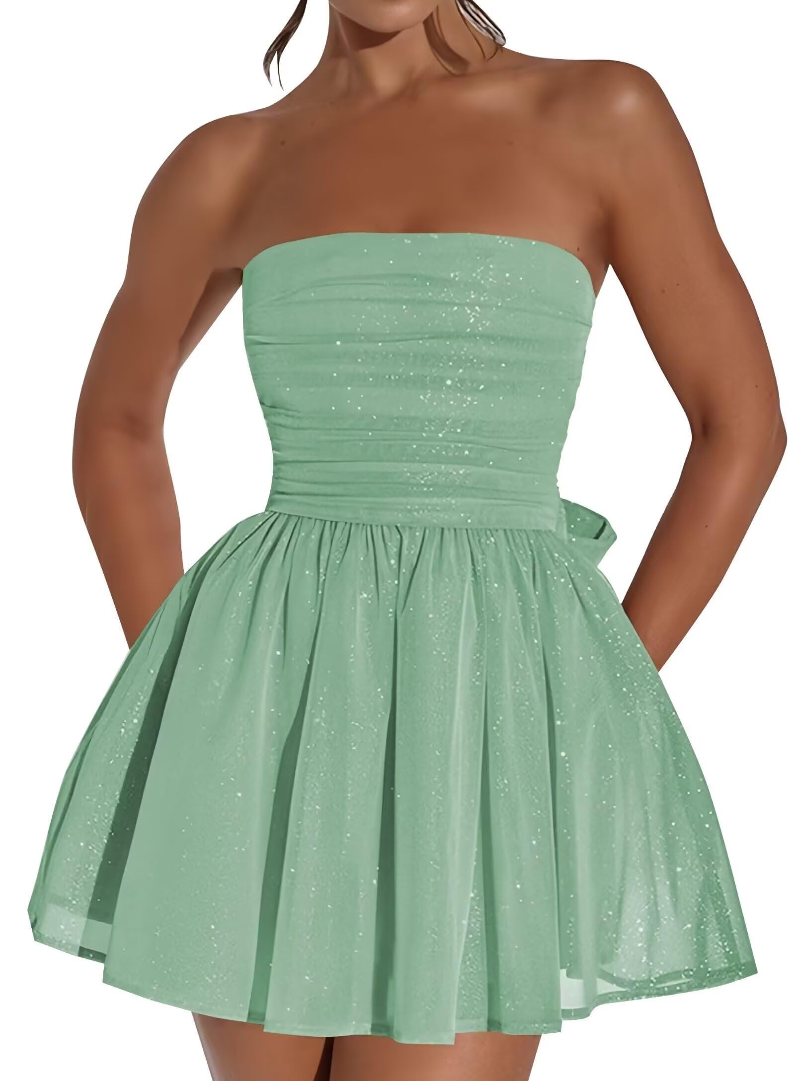 Vestido De Boas-vindas Blawhee Glitter Tule Sem Alças Verde Menta