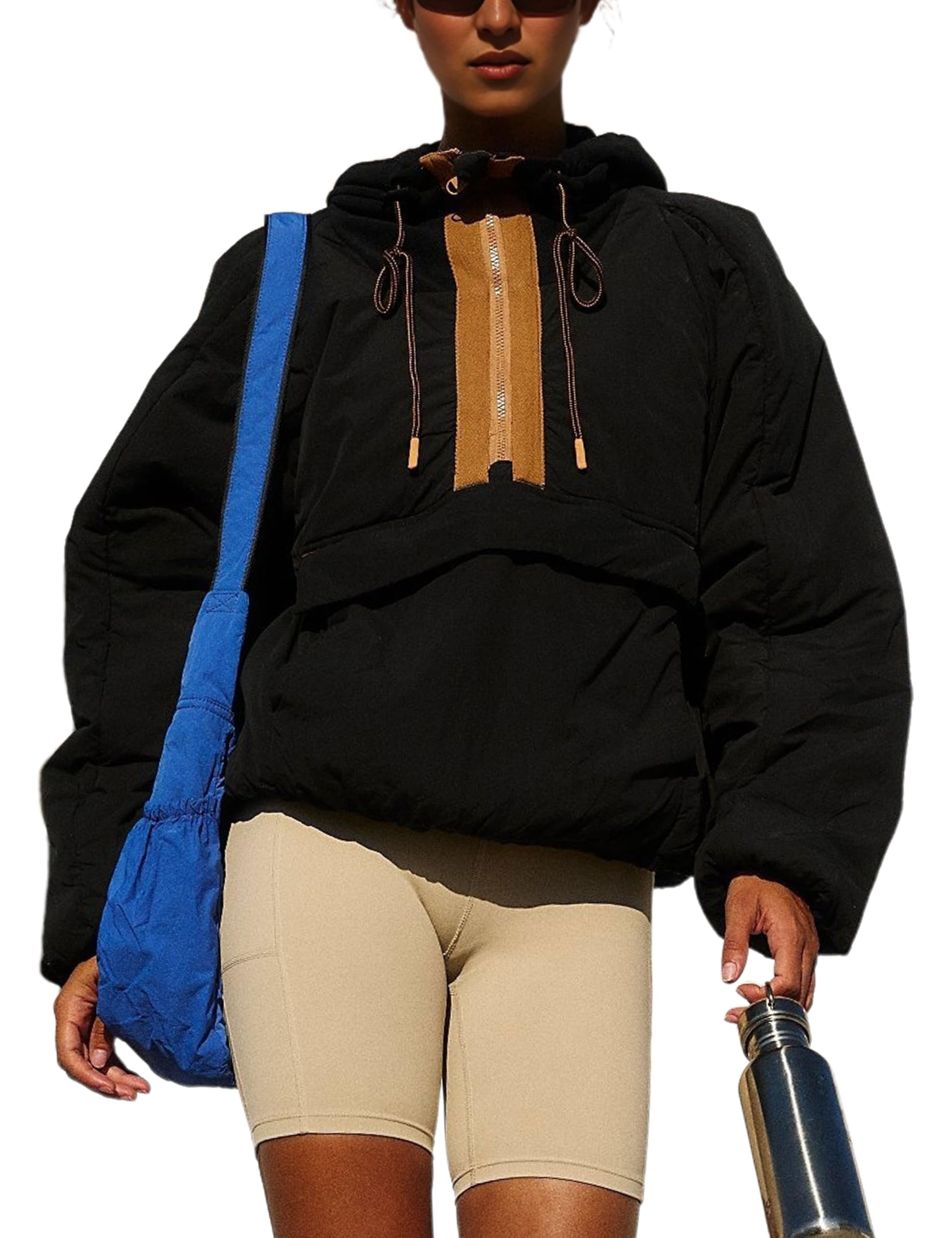 Jaqueta Ynhonra Puffer Pullover Com Capuz Preta Solta Para Mulheres