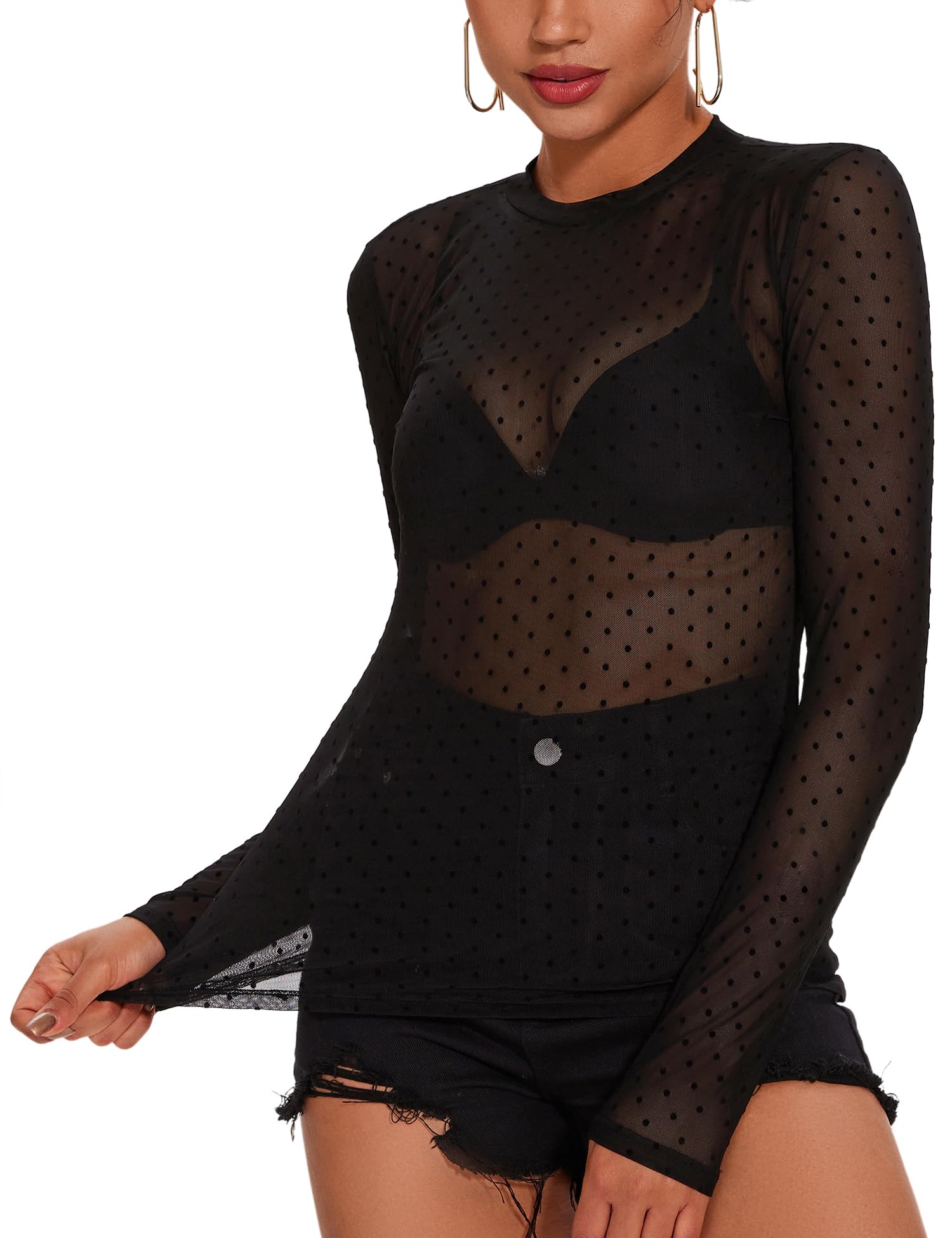 Blusa Superior Akewei Sexy Slim See Through Mesh, Preta Transparente