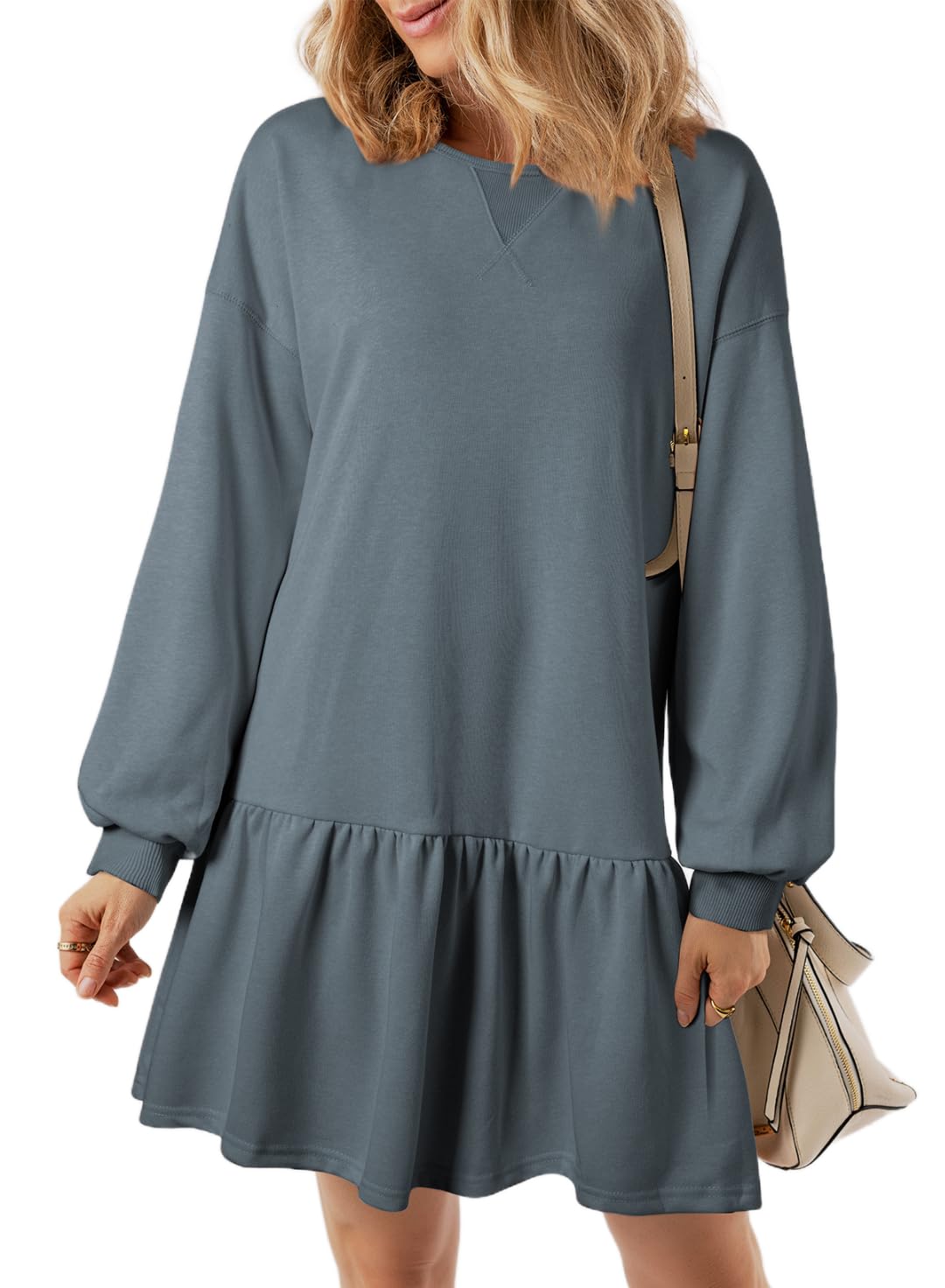 Vestido Blencot Mini 2024 Outono Inverno, Patchwork, Com Babados, Azul