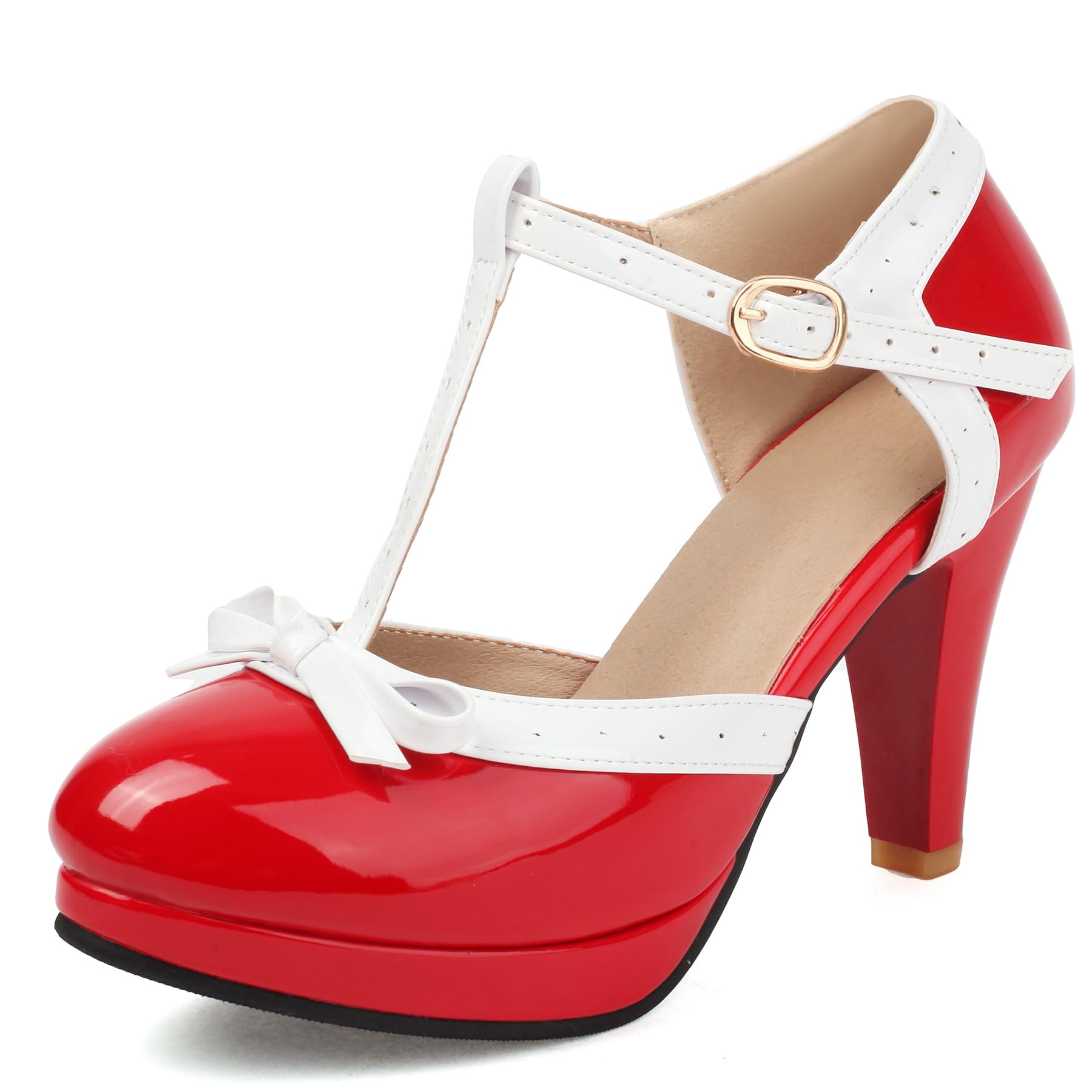 Sapatos De Couro De Salto Alto Foremode Bow Mary Jane Para Mulheres