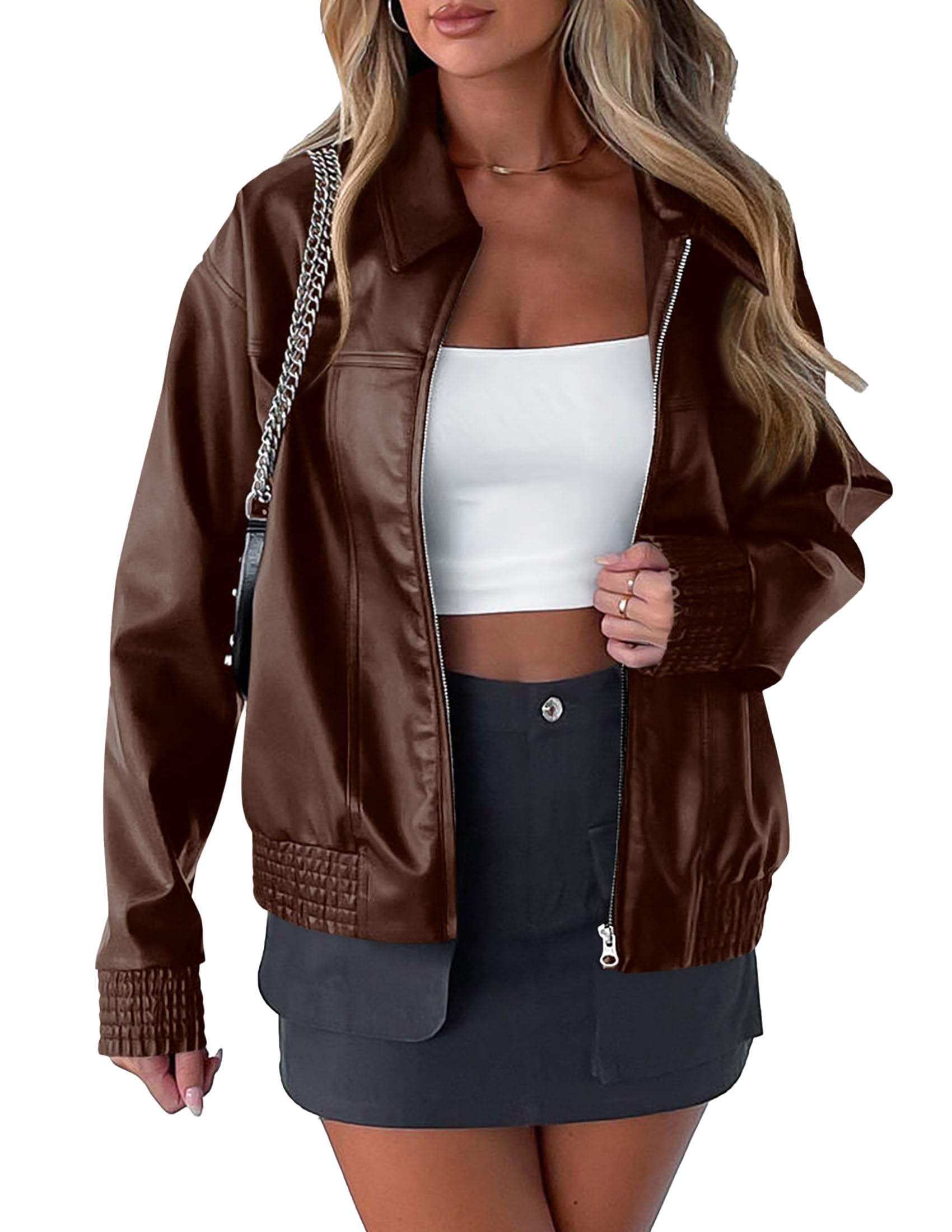 Jaqueta Feminina Prettygarden De Couro Sintético 2024 Fall Coffee Xs