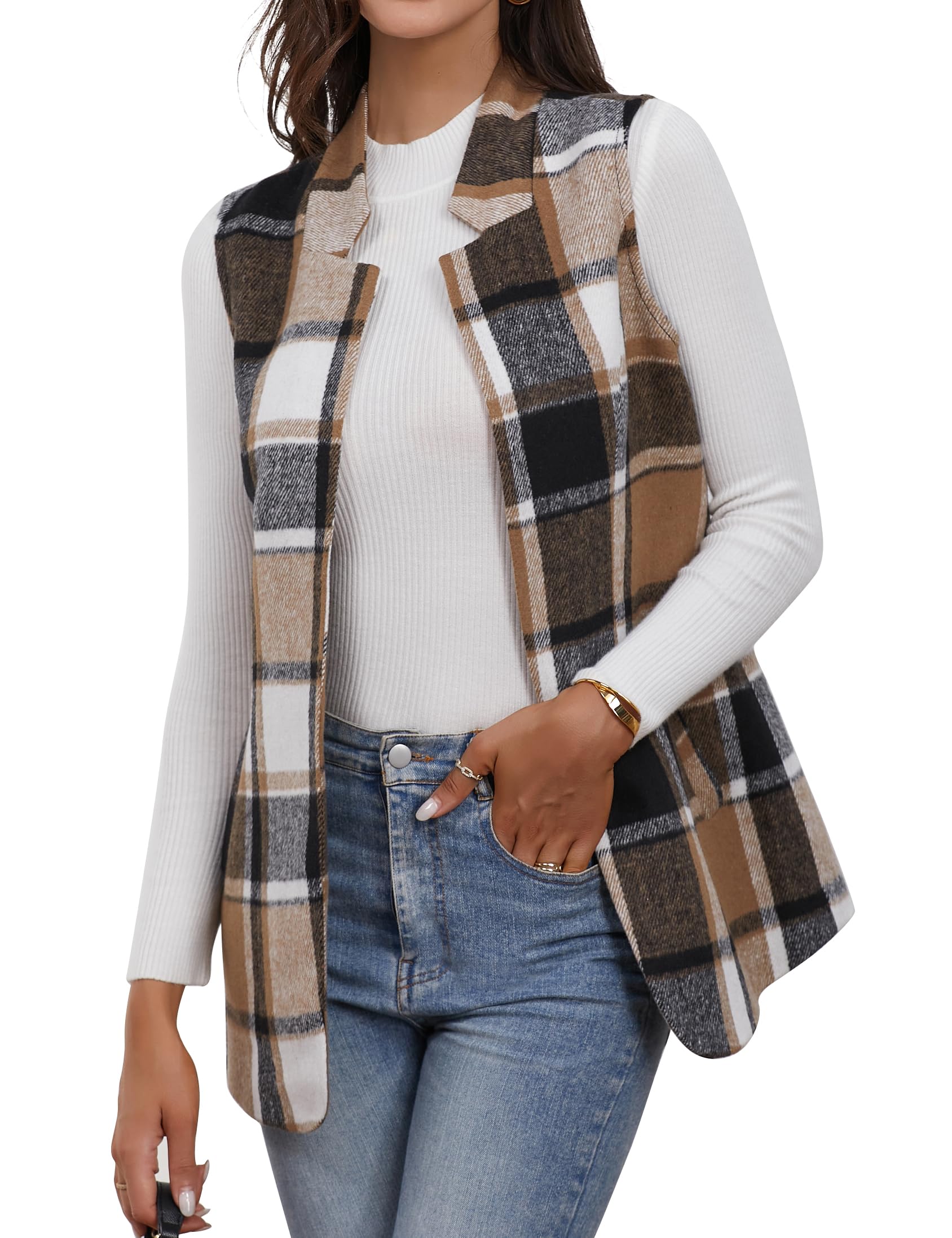 Colete Idealsanxun Para Mulheres, Casual, De Negócios, Xadrez, Marrom, Xl