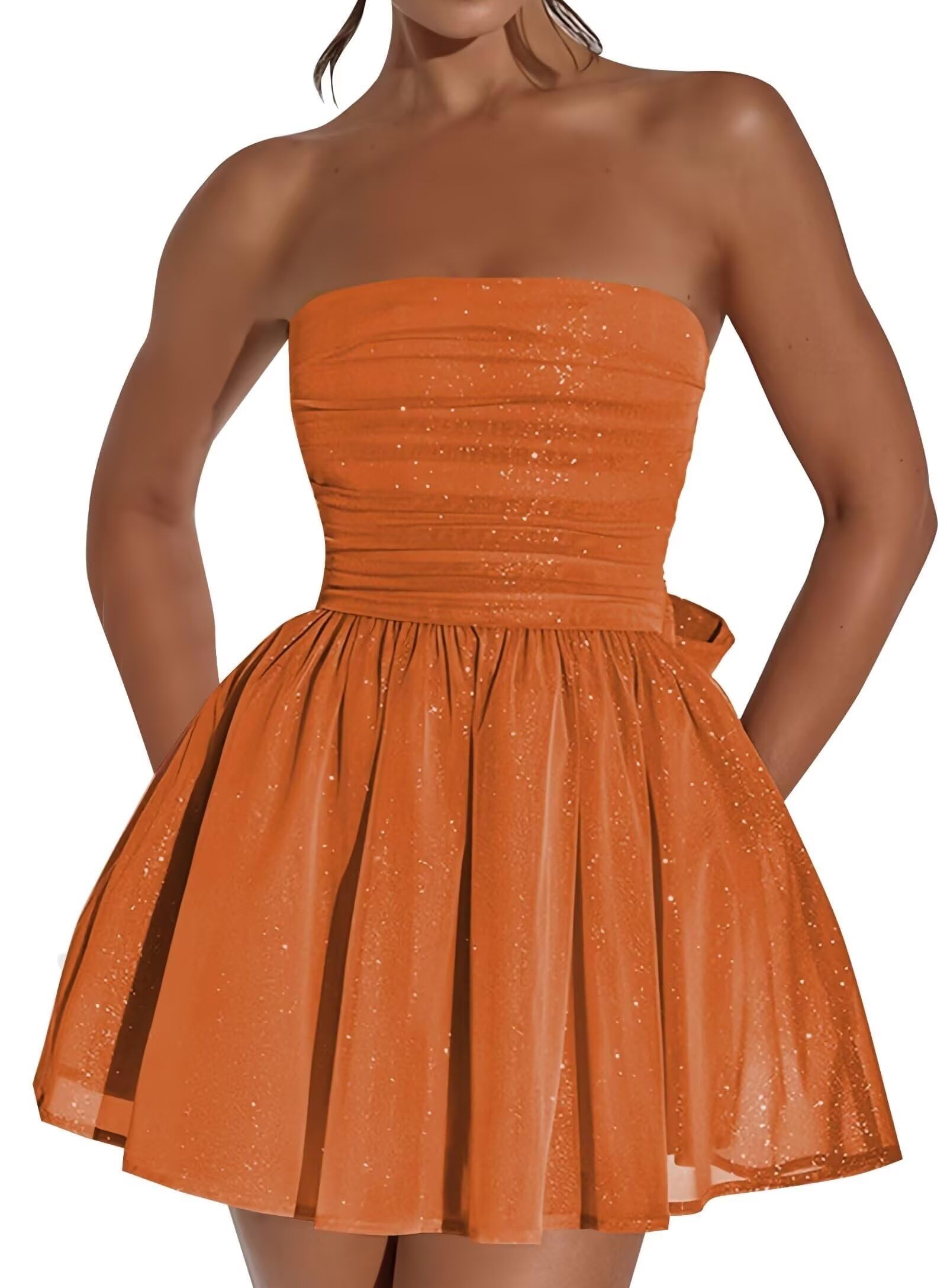 Vestido De Boas-vindas Blawhee Glitter Tule Sem Alças Burnt Orange