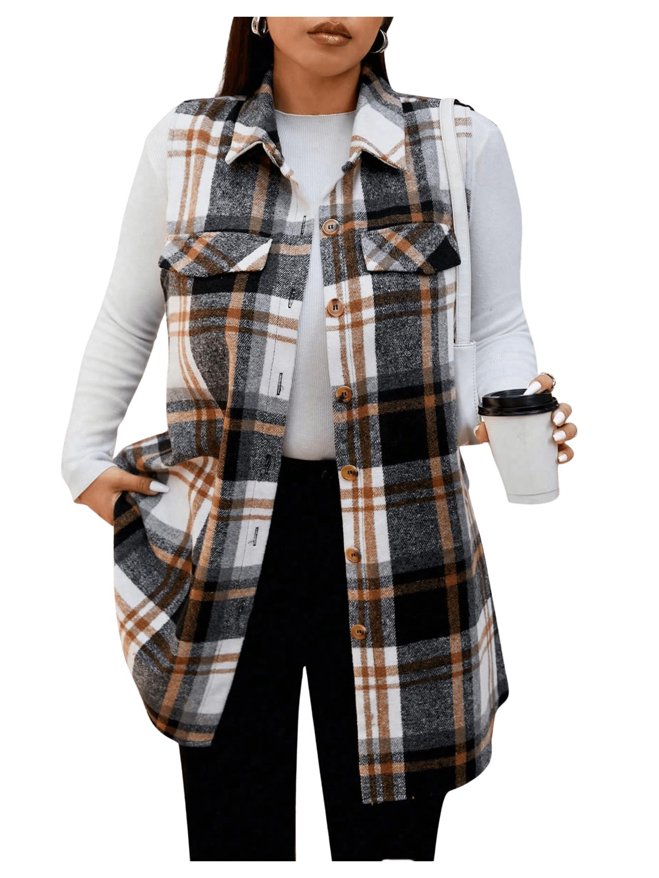 Outwear, Colete, Jaqueta Xadrez De Tweed, Camisa Com Botões, 4gg