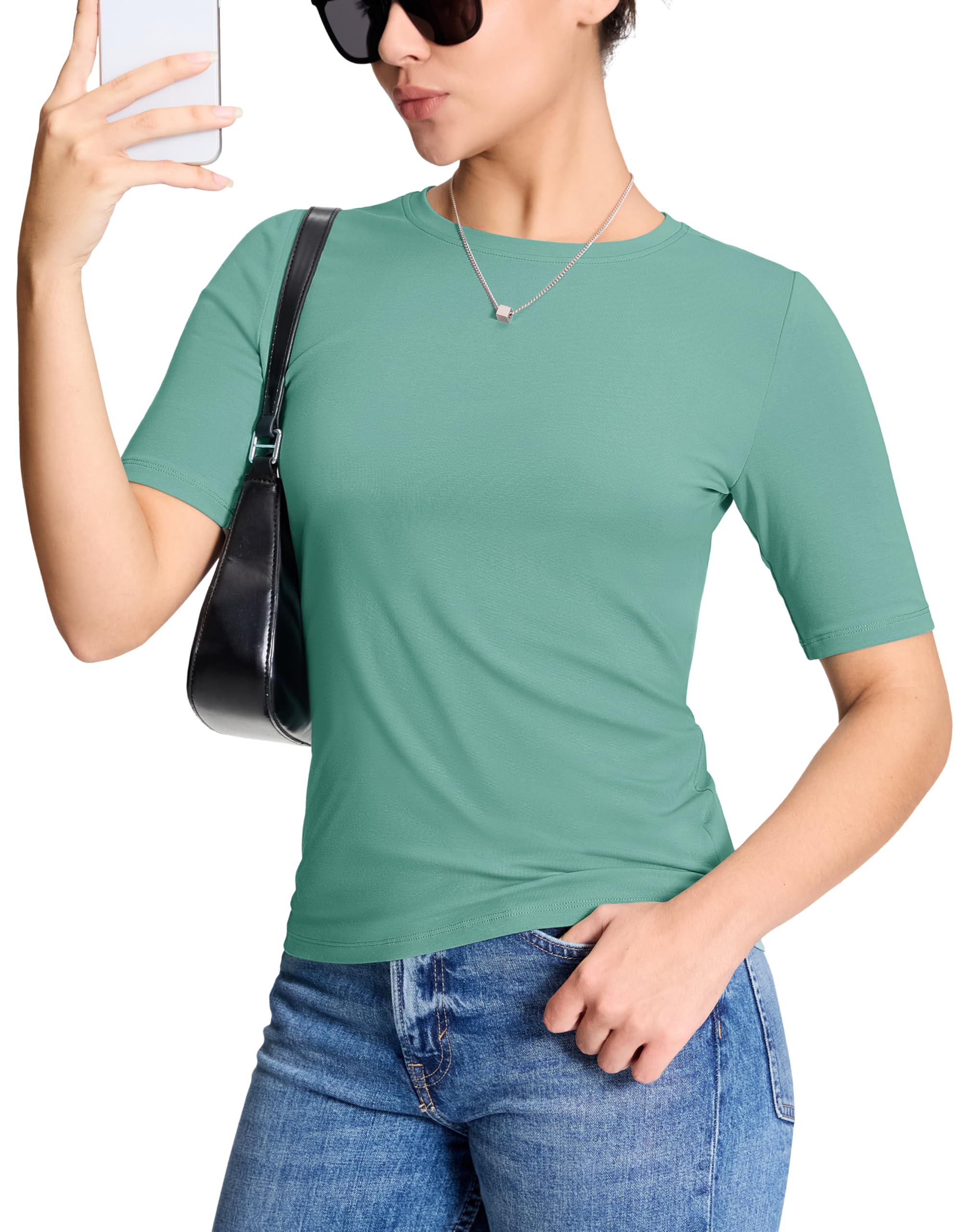 Camiseta Feminina Yucolen, Manga Curta, Gola Redonda, Algodão, Verde Acinzentado