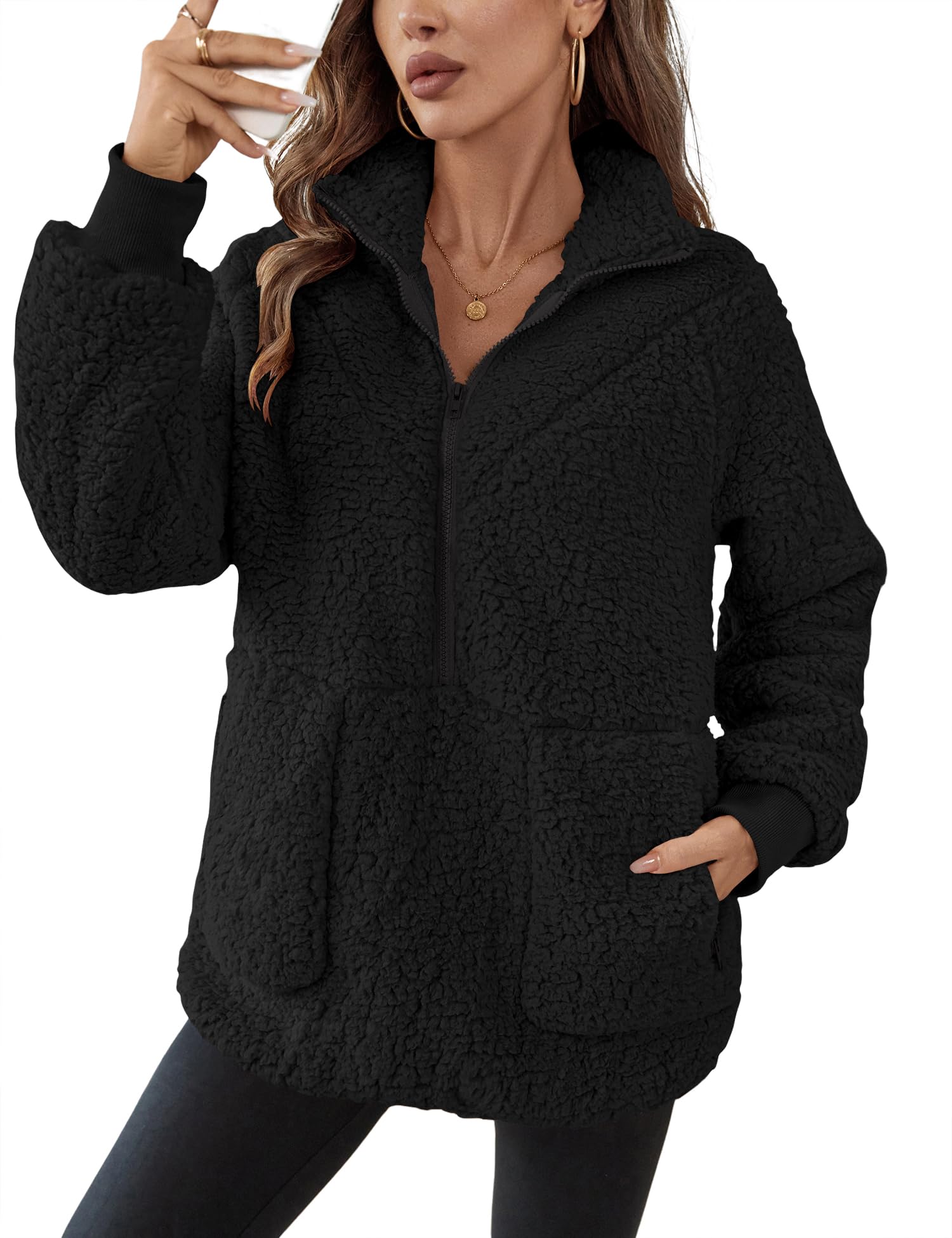 Jaqueta Feminina Rapbin, Pulôver Com Zíper 1/4, Sherpa, Preta, M