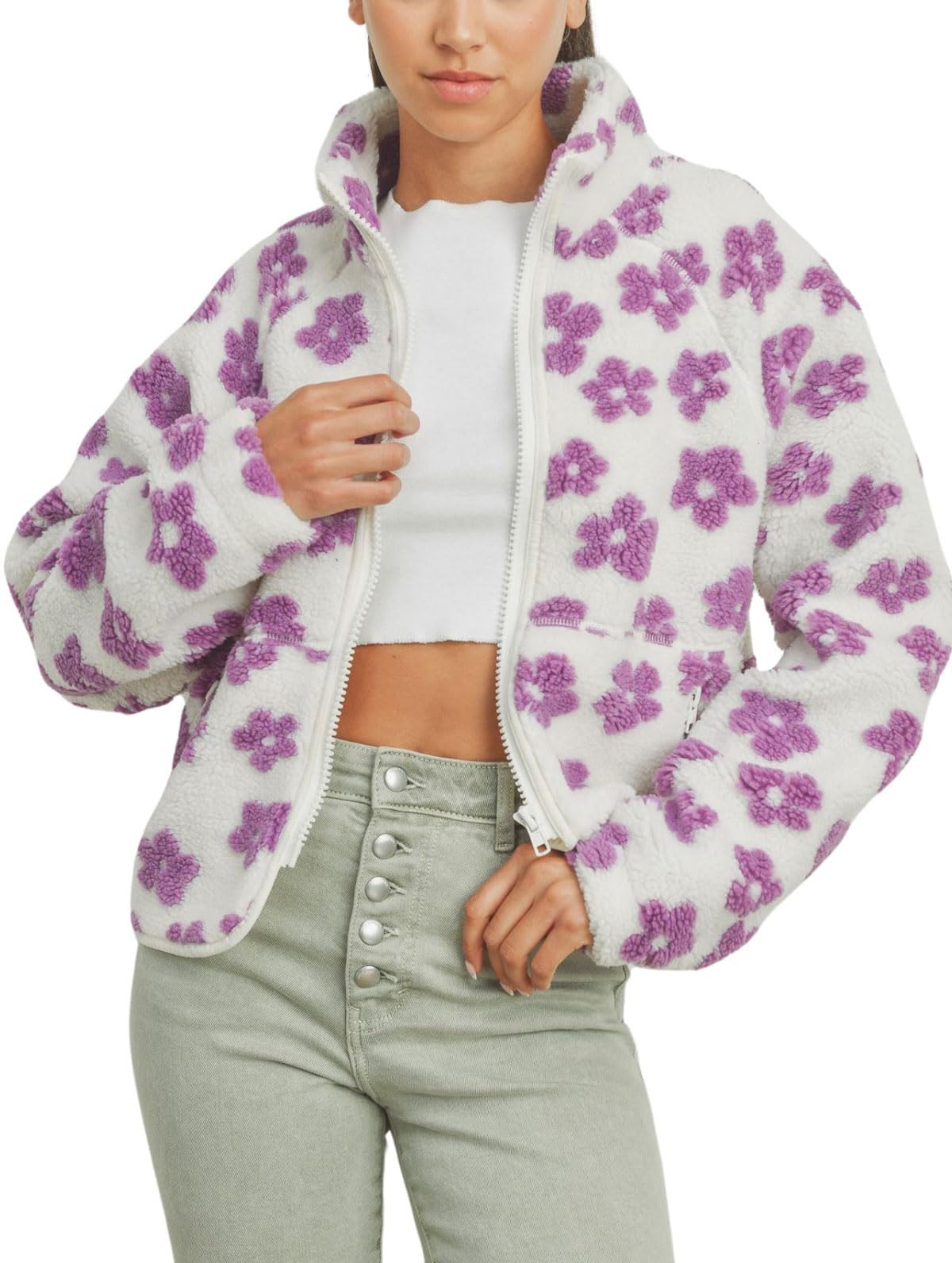 Jaqueta Feminina Chouyatou, Lã, Outono, Inverno, Floral, Roxa