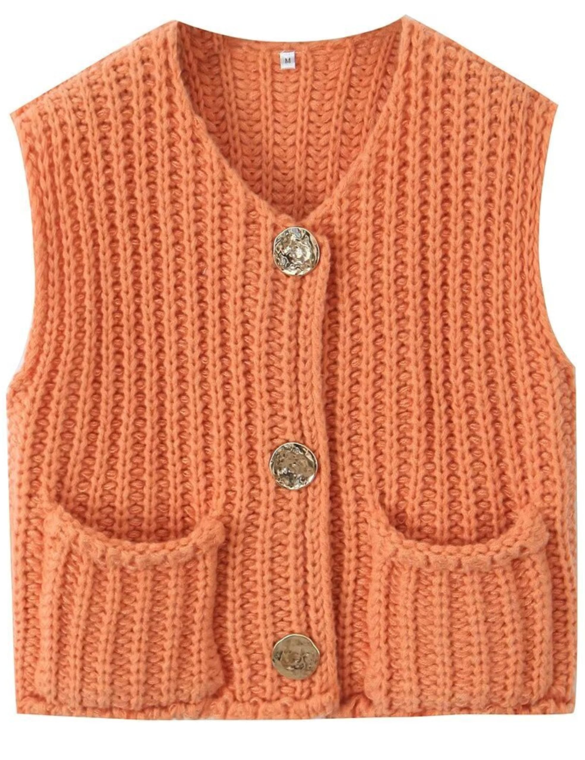 Colete Aicharmwa Chunky Knit Button Down Crochet Sweater Laranja