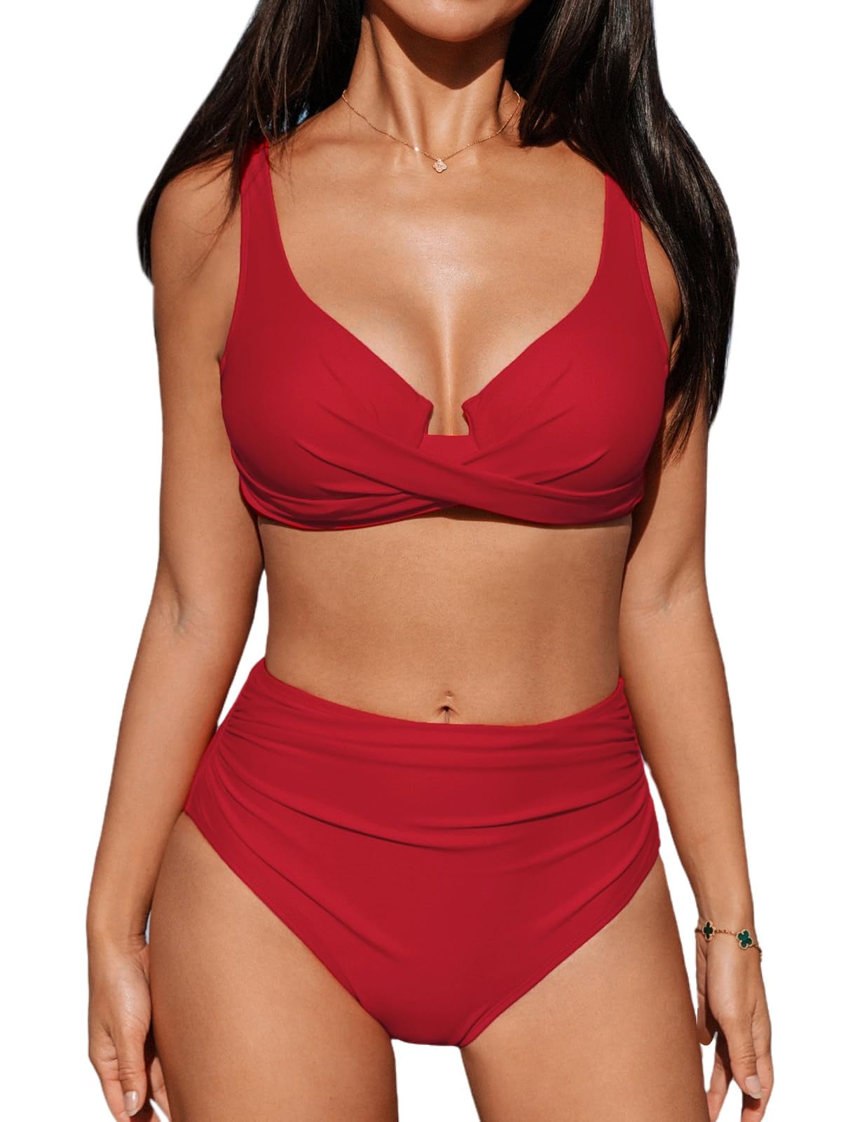Conjunto De Biquíni Cupshe High Waisted Swimsuit Underwire Ruched Red