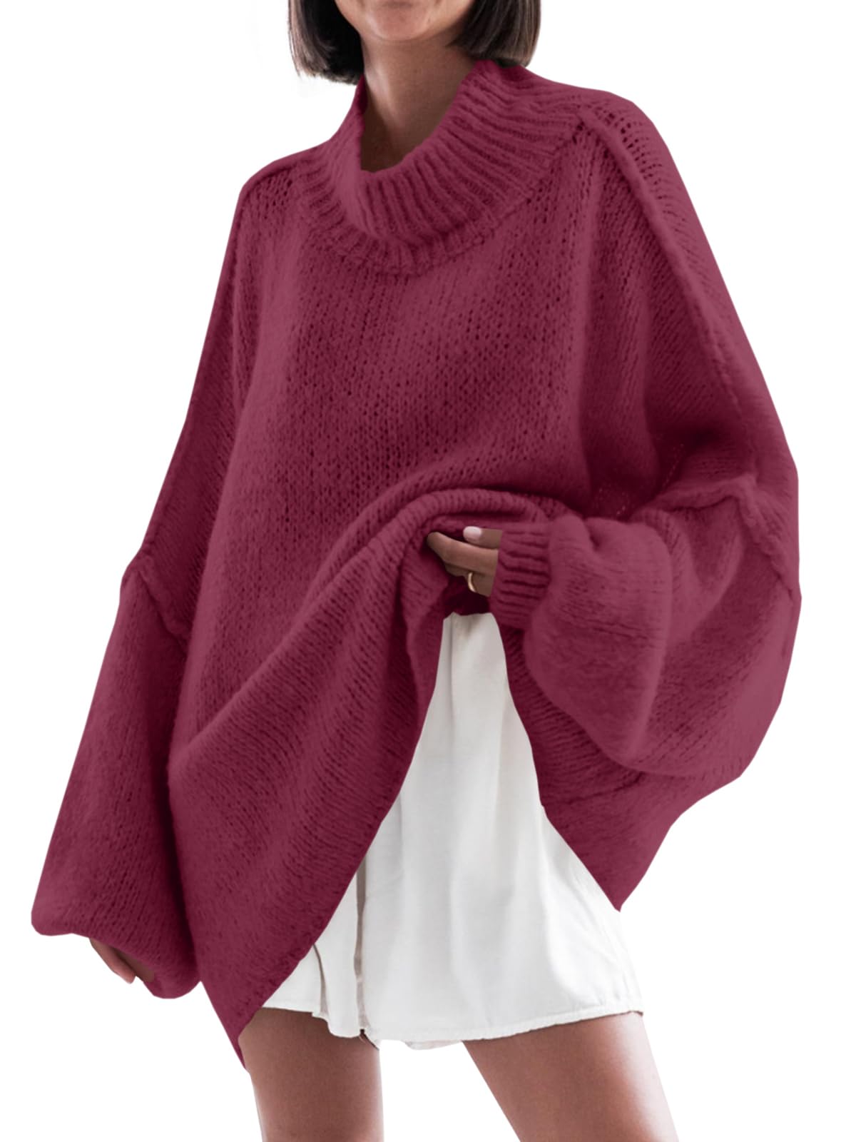 Suéter Saodimallsu Oversize Mock Neck Batwing Wine Red