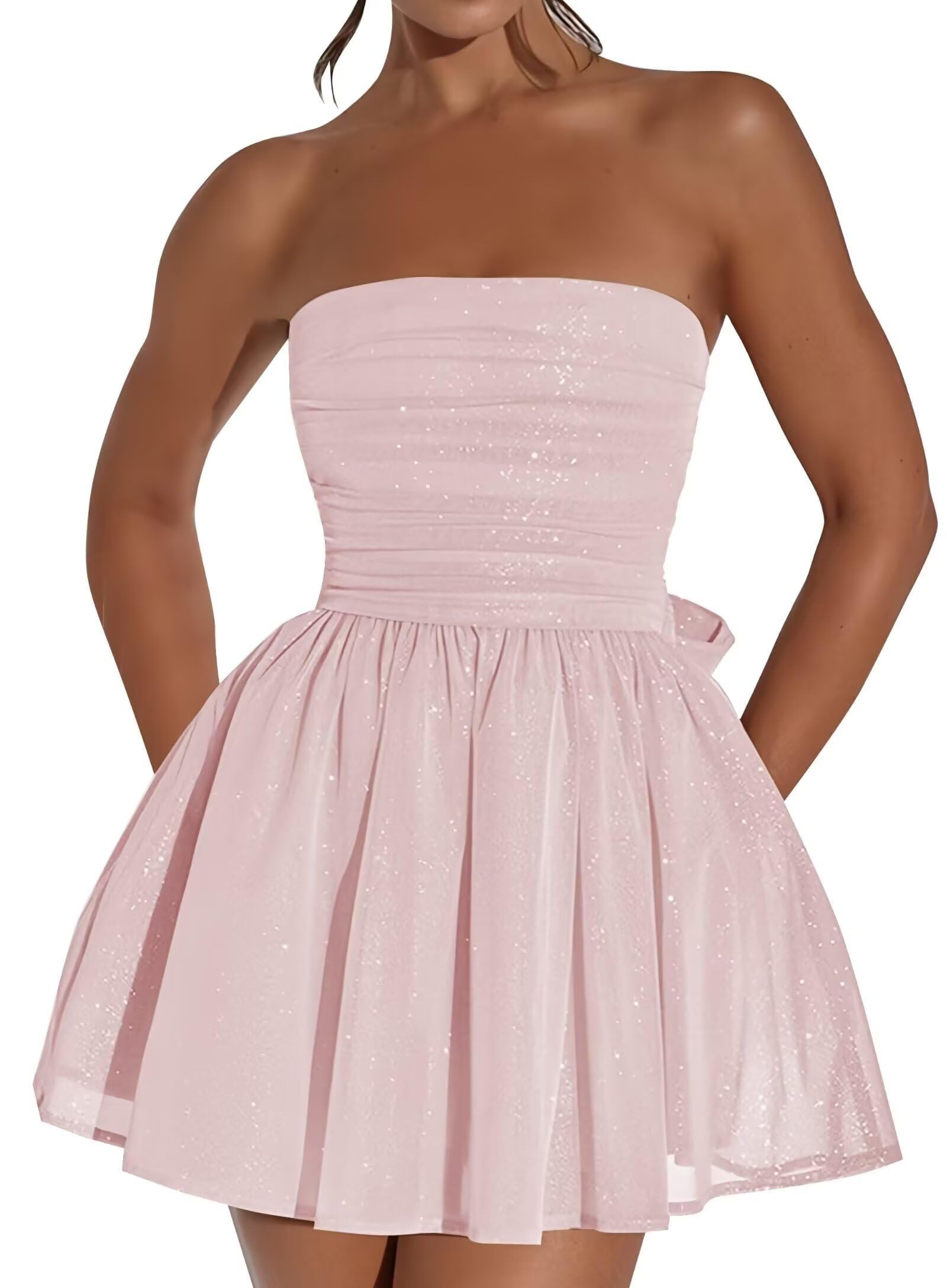Vestido De Boas-vindas Blawhee Glitter Tule Rosa Sem Alças Para Adolescentes
