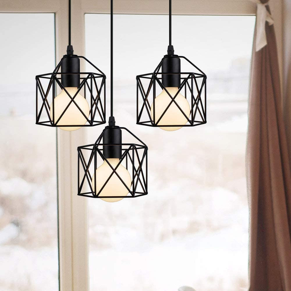 Candeeiro Suspenso Retro 3 Cabeças Vintage Ceiling Light Preto