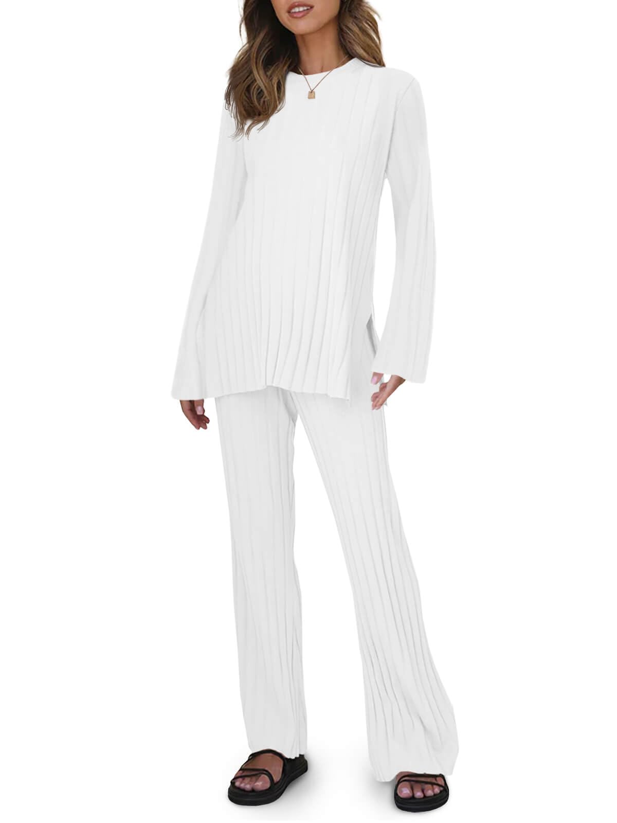 Conjunto De Lounge Tankaneo, Blusa Feminina De Malha Canelada E Calça Branca