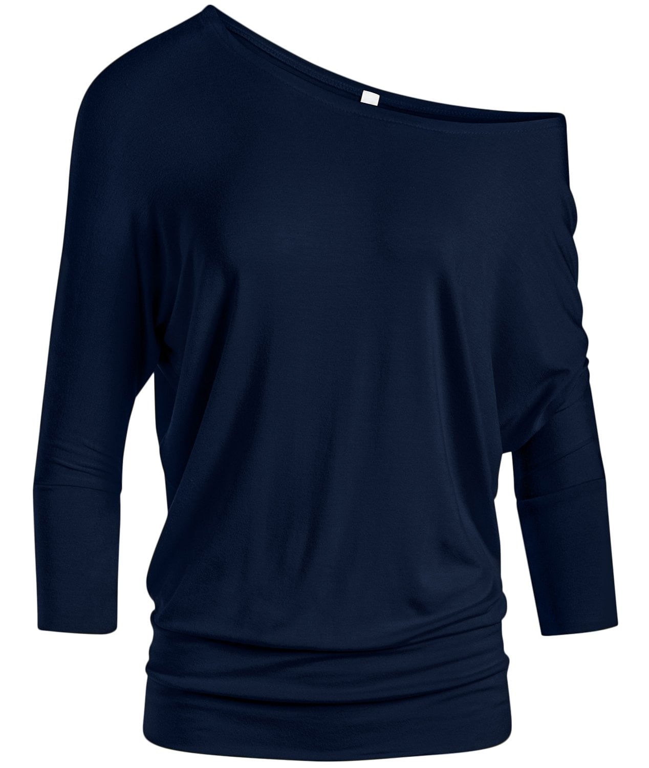 Top Simlu Dolman, Manga 3/4, Drapeado, Gola Redonda, Azul Marinho Para Mulheres