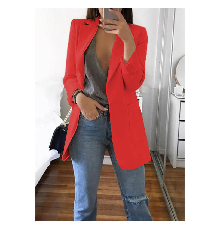 Moda Lapela Slim Cardigan Temperamento Jaqueta Macarrão Vermelho S