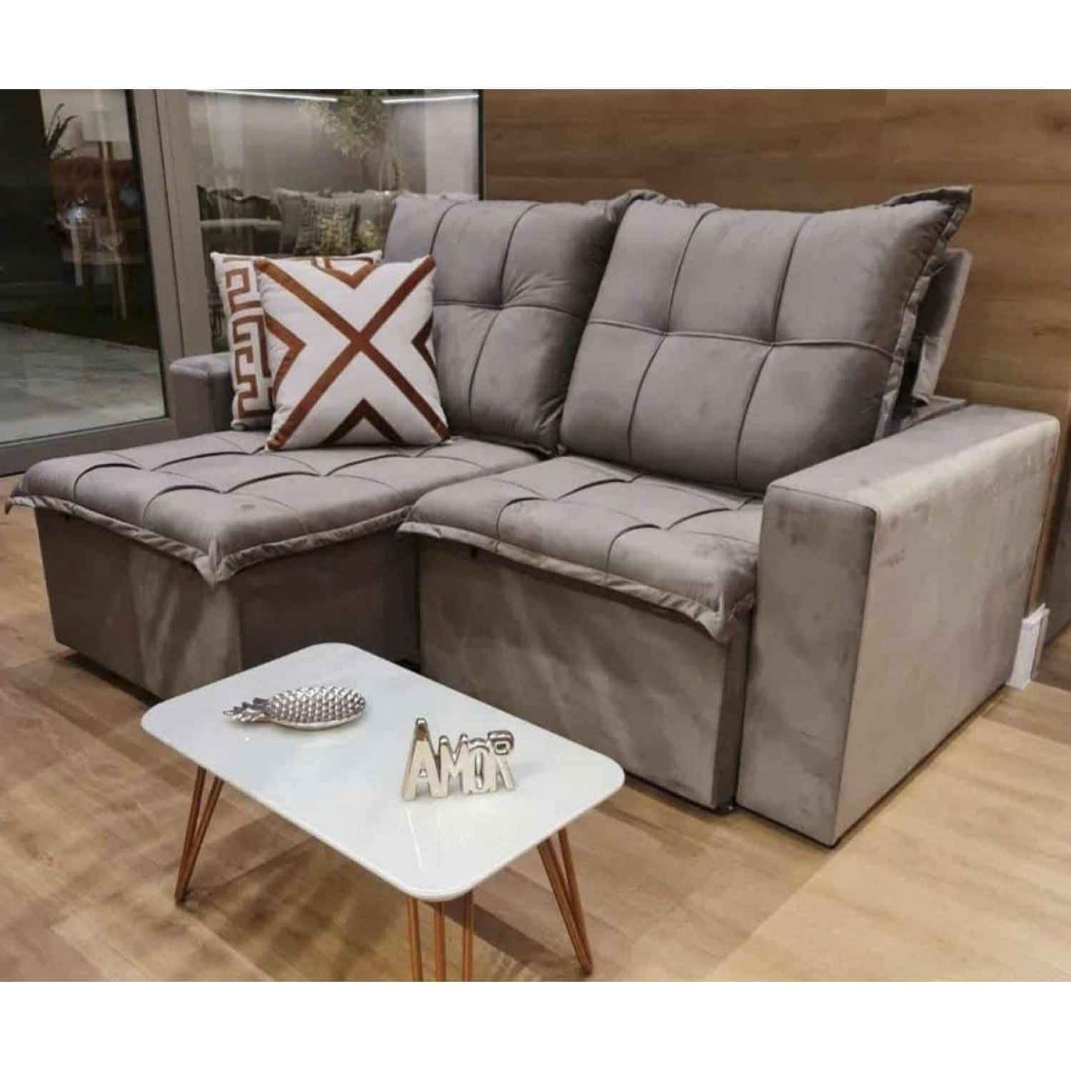 Sofá Retrátil E Reclinável 3 Lugares Com Molas 200cm Safira Veludo Bege Escuro