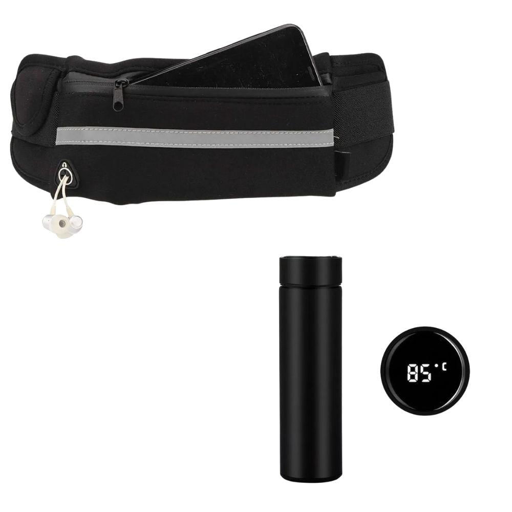 Kit Pochete Esportiva Para Corrida E Academia + Garrafa Térmica Inox 500ml Com Sensor De Temperatura