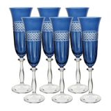 Kit 6 Taças Champanhe Ângela Lapidada Cristal 190Ml Azul