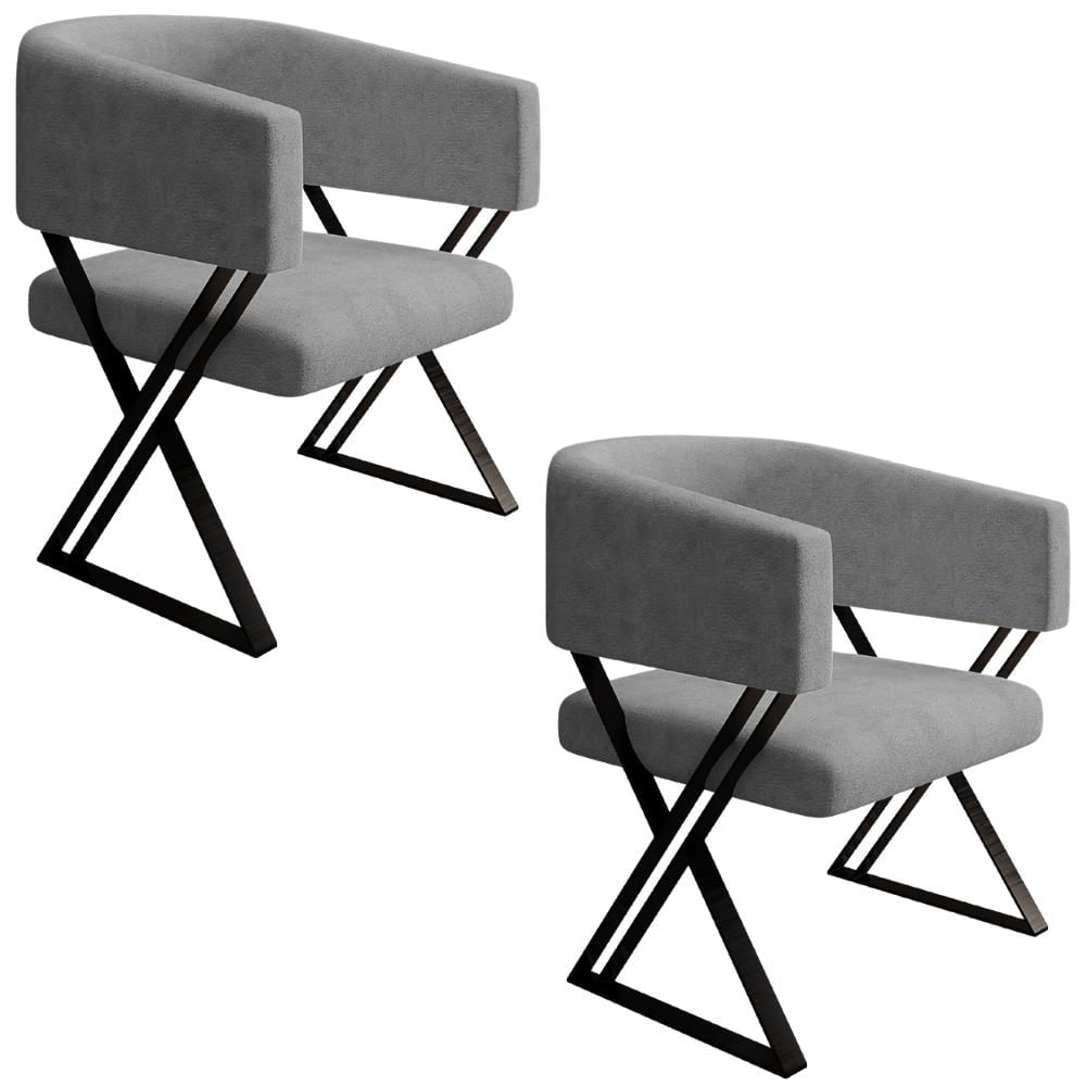 Kit 2 Poltronas Decorativas Mirela Pes Metal Linho Cinza Vconcept