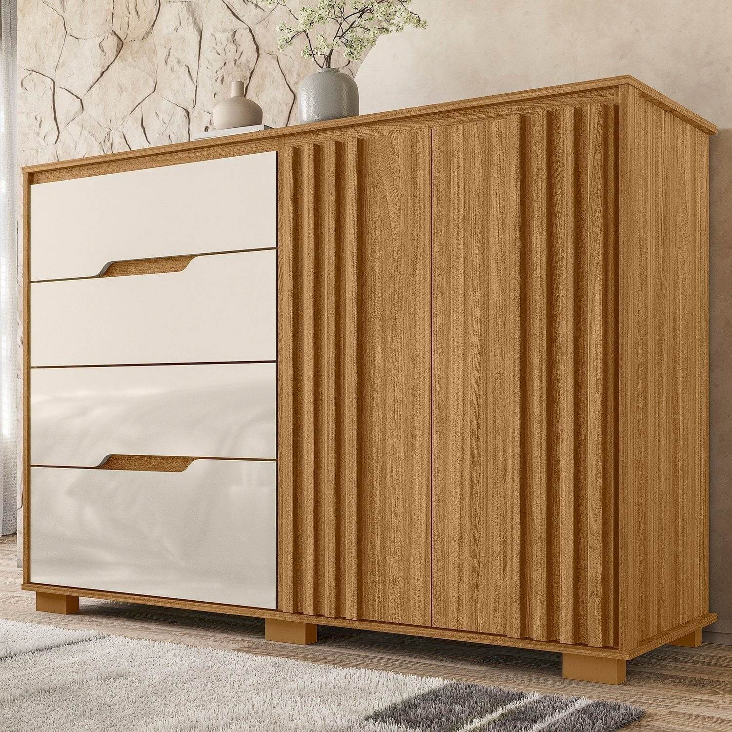 Cômoda Para Quarto 4 Gavetas 2 Portas 147cm Texas Freijó/off White