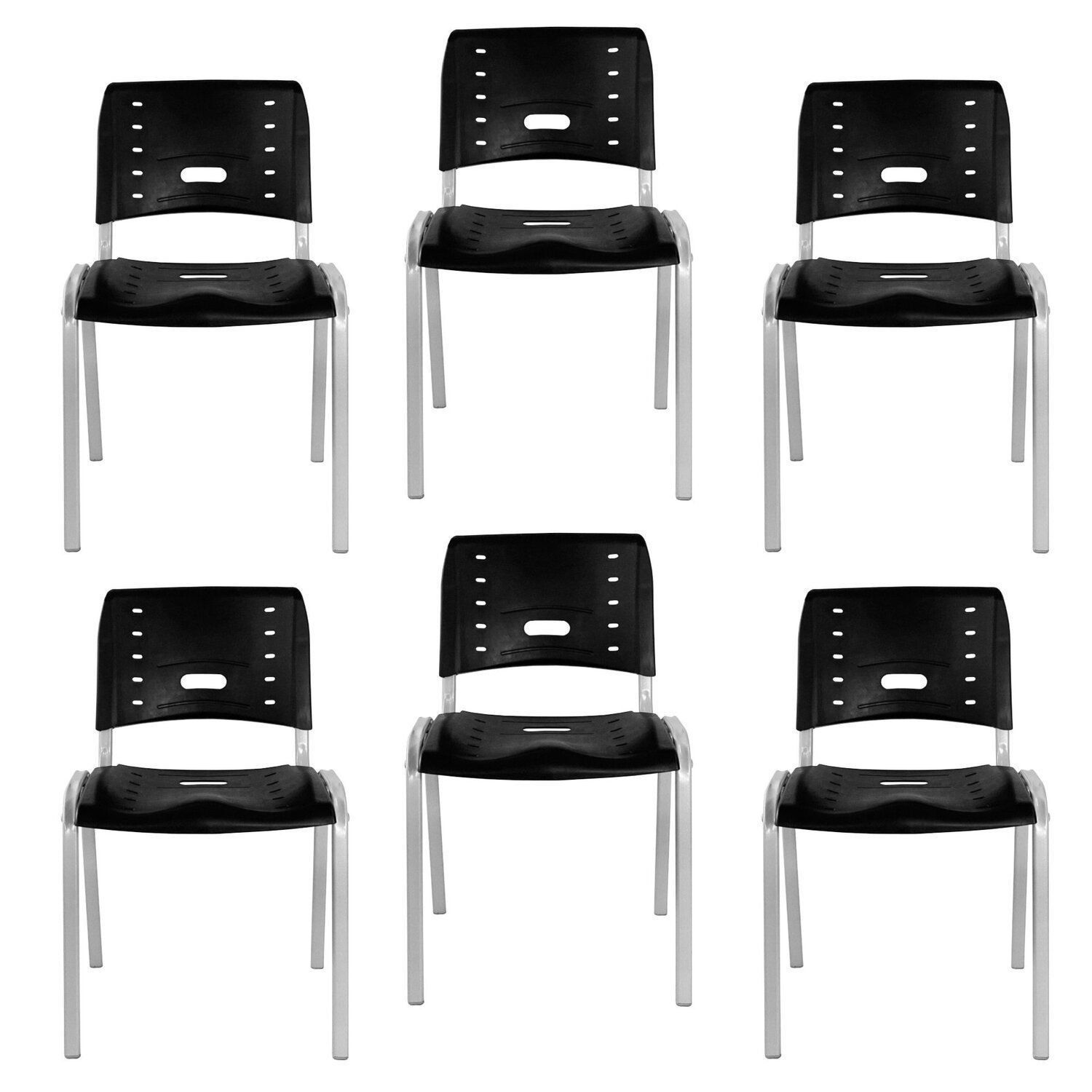 Kit 6 Cadeiras Escritório Fixa Empilhável Hotel Auditório Elo Preto/aluminio