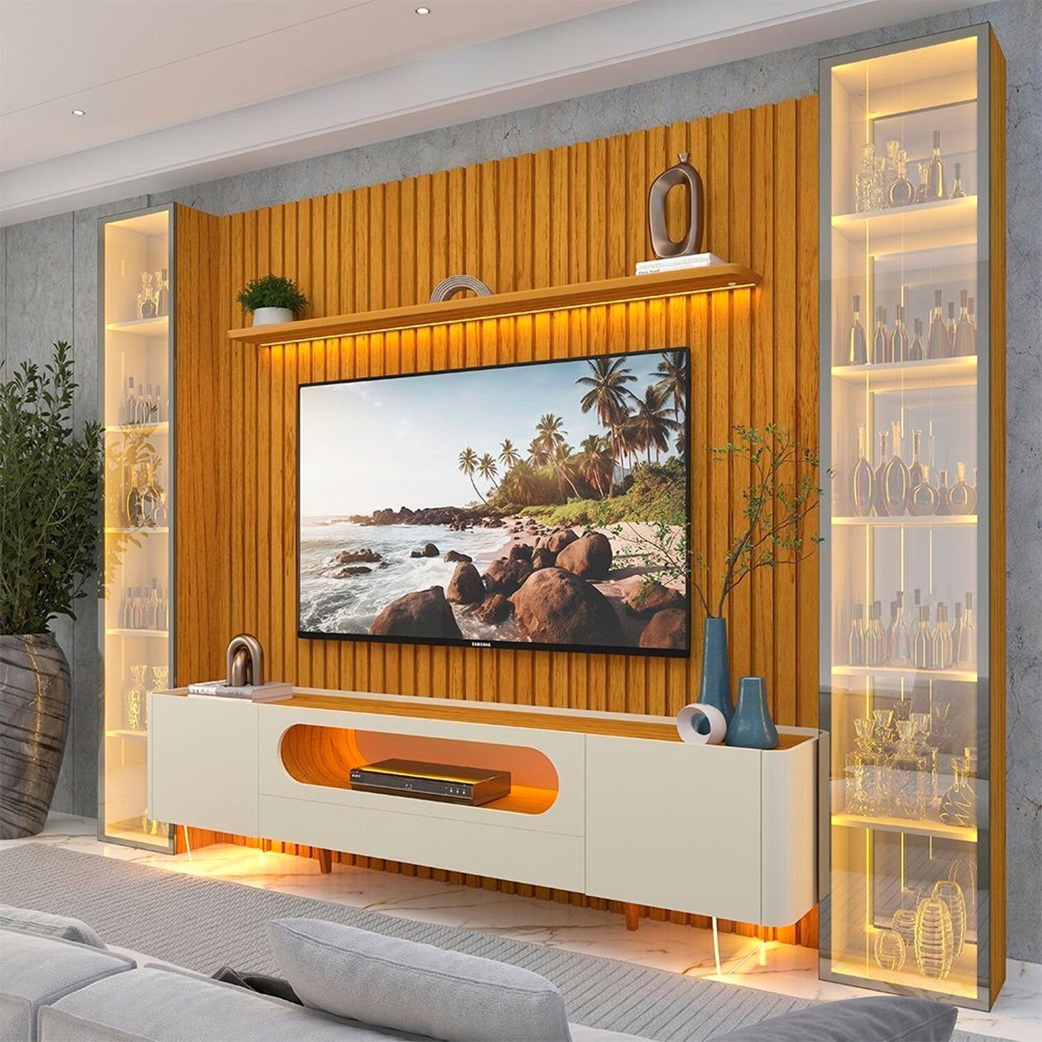 Rack Com Painel Ripado Para Tv 84 Polegadas 100% Mdf Com Led Pés Em Madeira Maciça Nobre Clean/luminare Naturale/off White